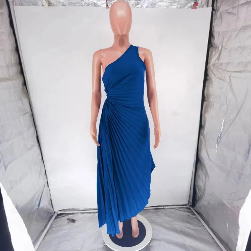 HH Fashion Elegant Female One Shoulder Ruffled Slim Long Dress Women Summer Sexy Waist Hollow Out Backless Sleeveless Dress