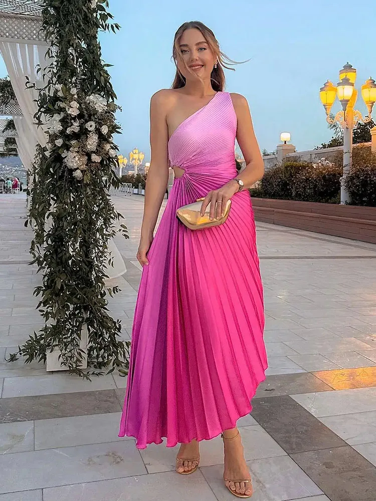 HH Fashion Elegant Female One Shoulder Ruffled Slim Long Dress Women Summer Sexy Waist Hollow Out Backless Sleeveless Dress