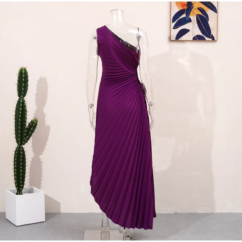 HH Fashion Elegant Female One Shoulder Ruffled Slim Long Dress Women Summer Sexy Waist Hollow Out Backless Sleeveless Dress