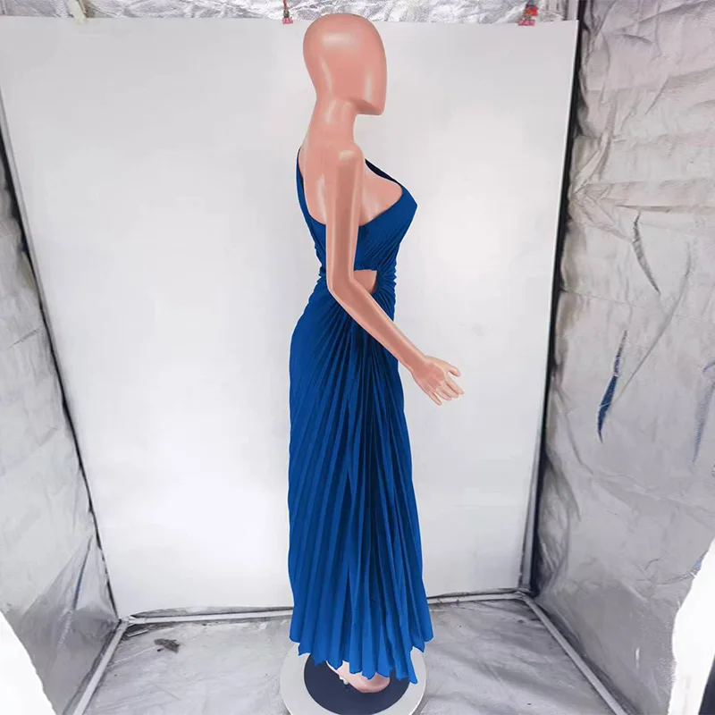 HH Fashion Elegant Female One Shoulder Ruffled Slim Long Dress Women Summer Sexy Waist Hollow Out Backless Sleeveless Dress