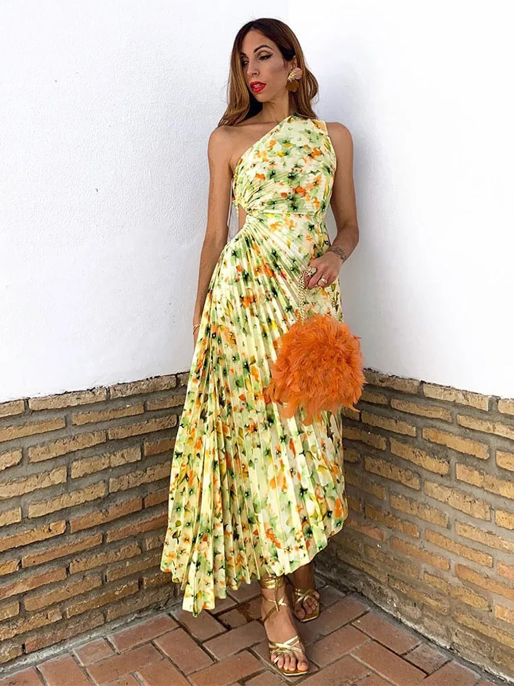 HH Fashion Elegant Female One Shoulder Ruffled Slim Long Dress Women Summer Sexy Waist Hollow Out Backless Sleeveless Dress