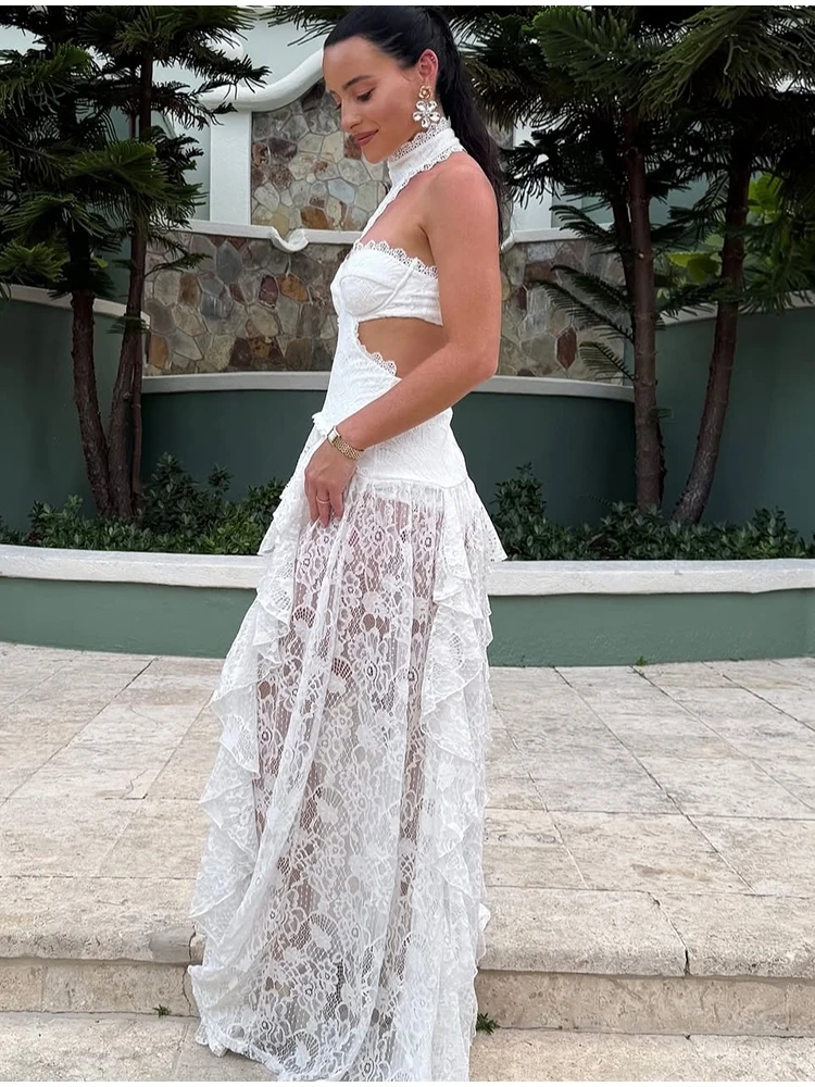 Elegant White Lace Patchwork Dress Women Sexy Sleeveless A-line Ruffled Hem Floral Hollow Out Evening Gown Vacation Lady Dress