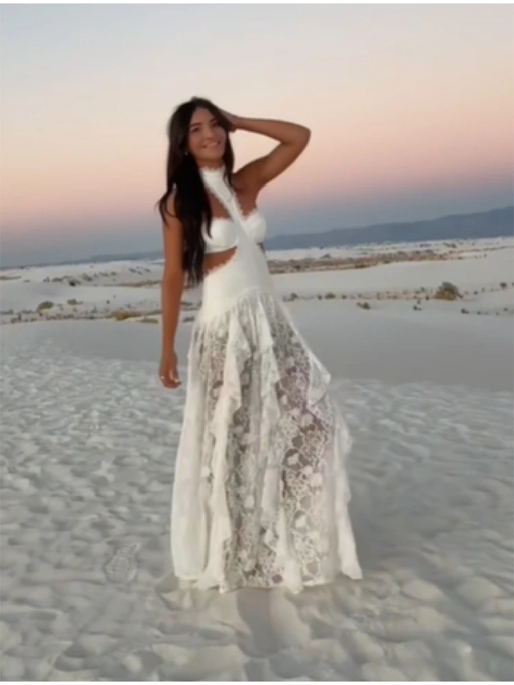 Elegant White Lace Patchwork Dress Women Sexy Sleeveless A-line Ruffled Hem Floral Hollow Out Evening Gown Vacation Lady Dress