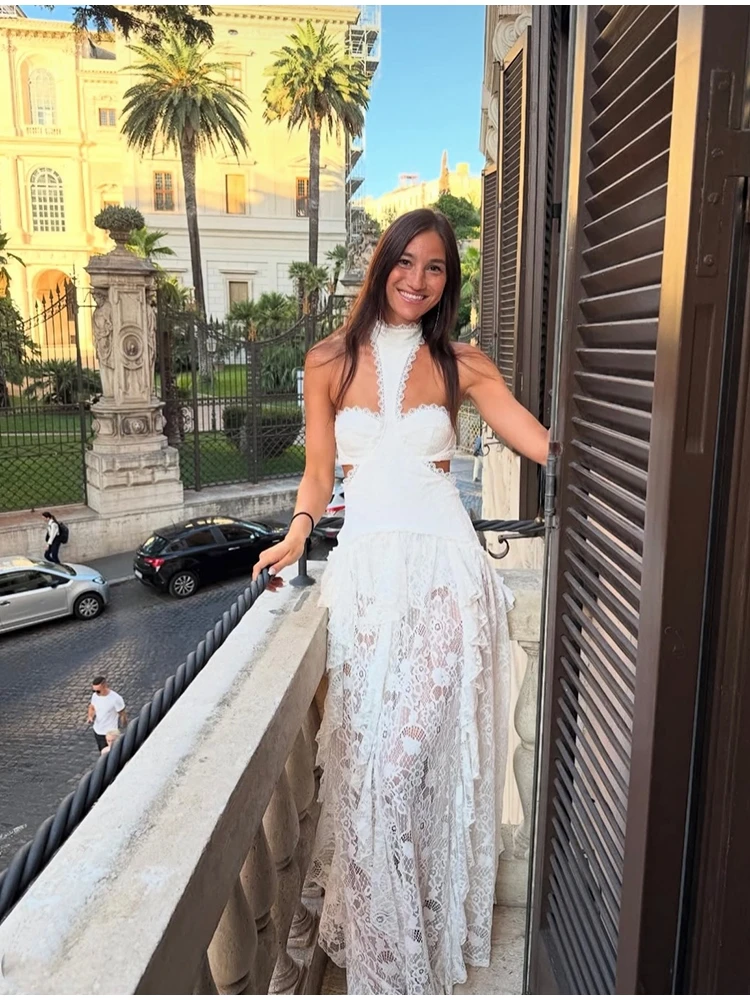 Elegant White Lace Patchwork Dress Women Sexy Sleeveless A-line Ruffled Hem Floral Hollow Out Evening Gown Vacation Lady Dress