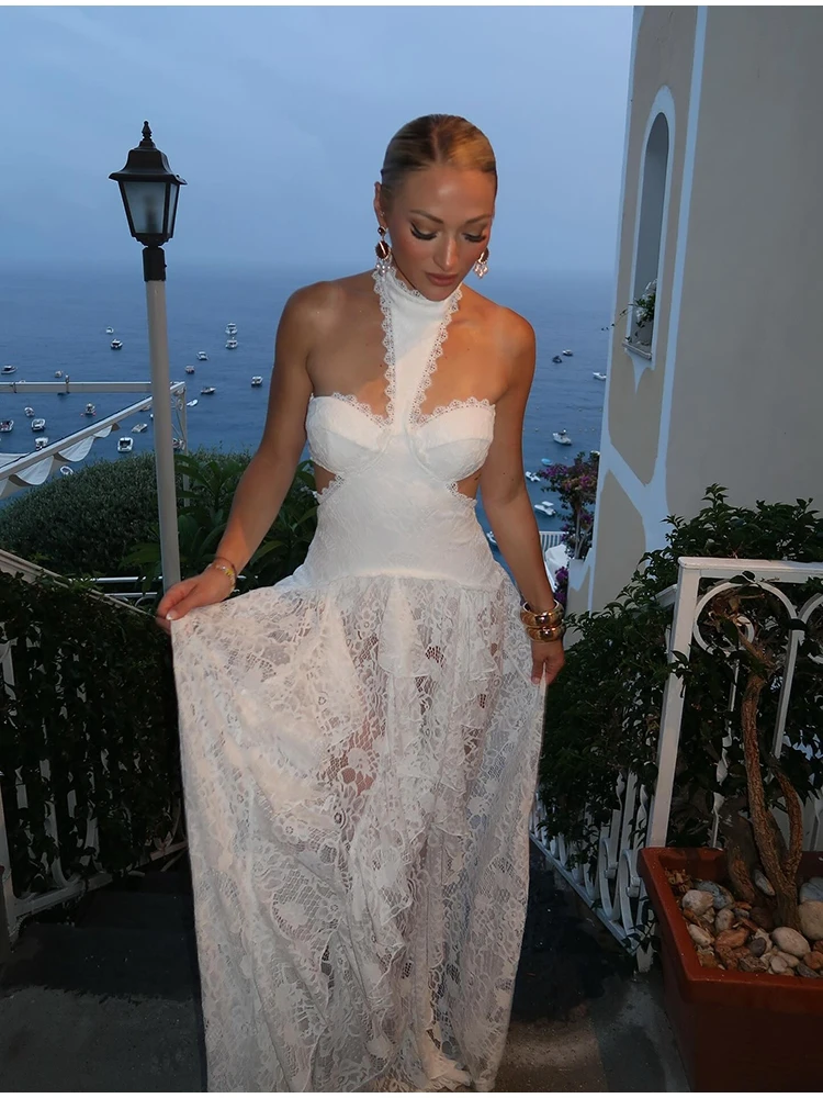 Elegant White Lace Patchwork Dress Women Sexy Sleeveless A-line Ruffled Hem Floral Hollow Out Evening Gown Vacation Lady Dress