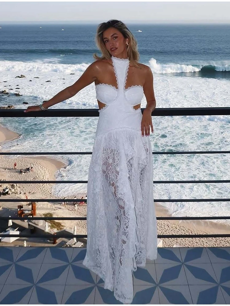 Elegant White Lace Patchwork Dress Women Sexy Sleeveless A-line Ruffled Hem Floral Hollow Out Evening Gown Vacation Lady Dress