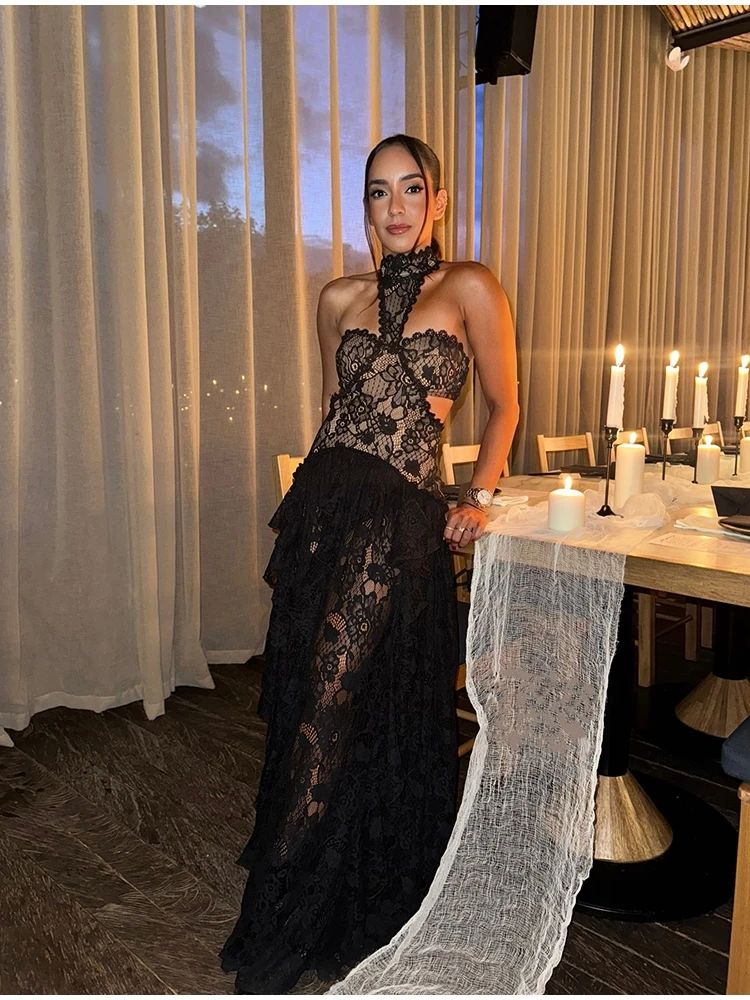 Elegant White Lace Patchwork Dress Women Sexy Sleeveless A-line Ruffled Hem Floral Hollow Out Evening Gown Vacation Lady Dress