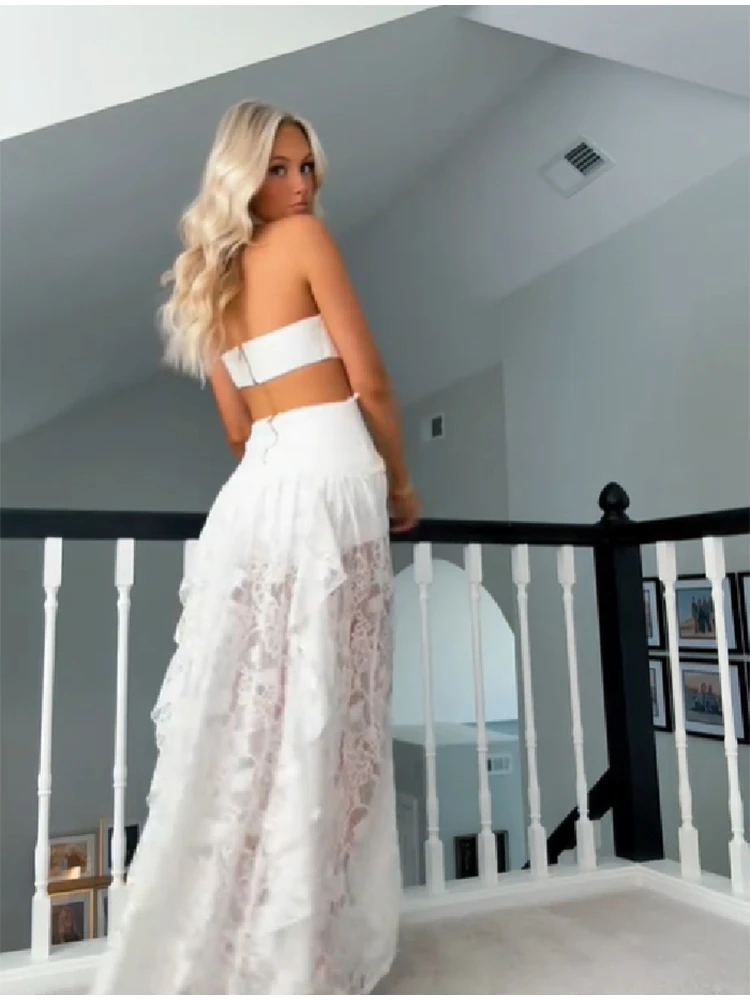 Elegant White Lace Patchwork Dress Women Sexy Sleeveless A-line Ruffled Hem Floral Hollow Out Evening Gown Vacation Lady Dress