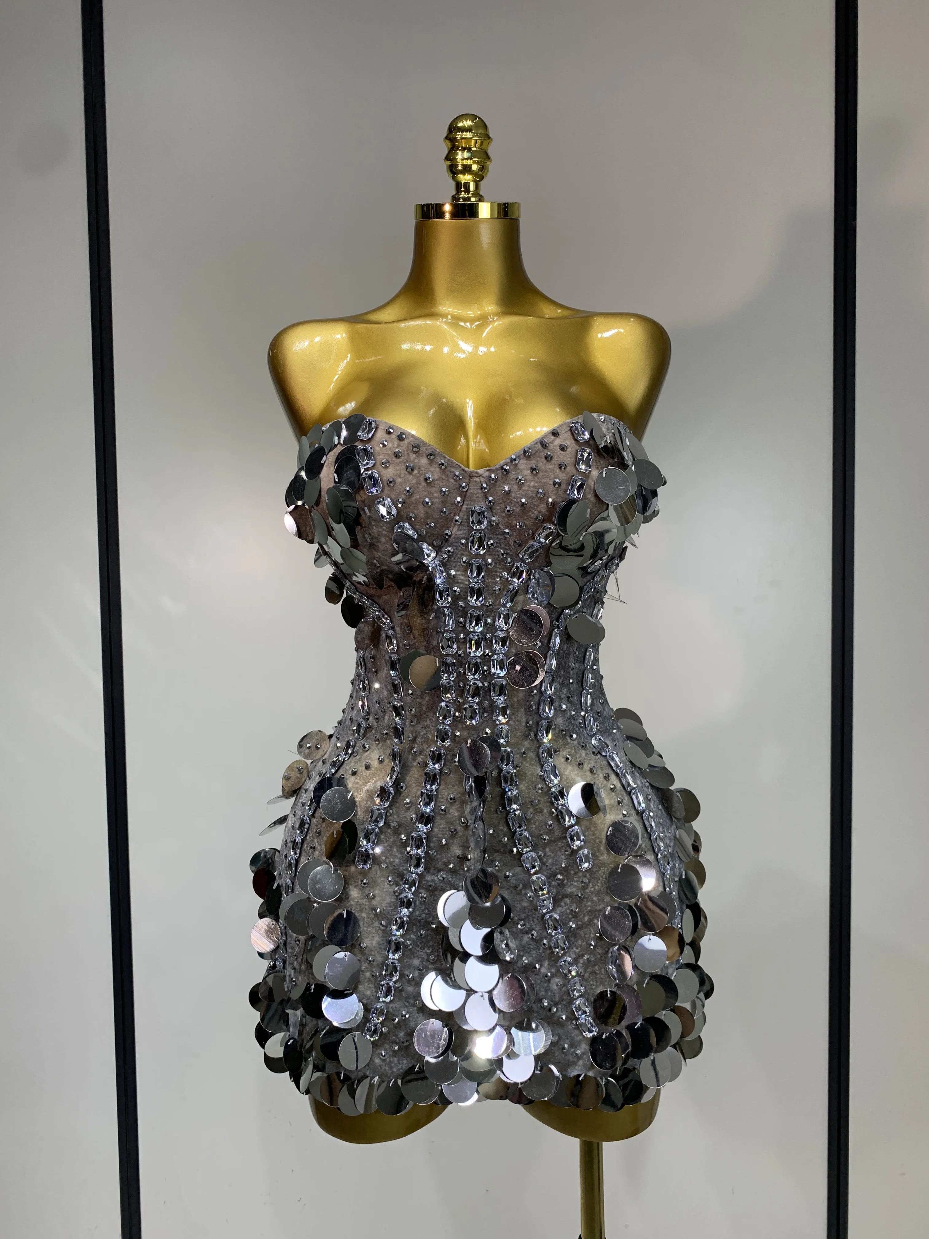 Sparkly Silver Rhinestone Sequins Strapless Mesh See Through Mini Dress Birthday EveningParty Nightclub Singer Stage Costume