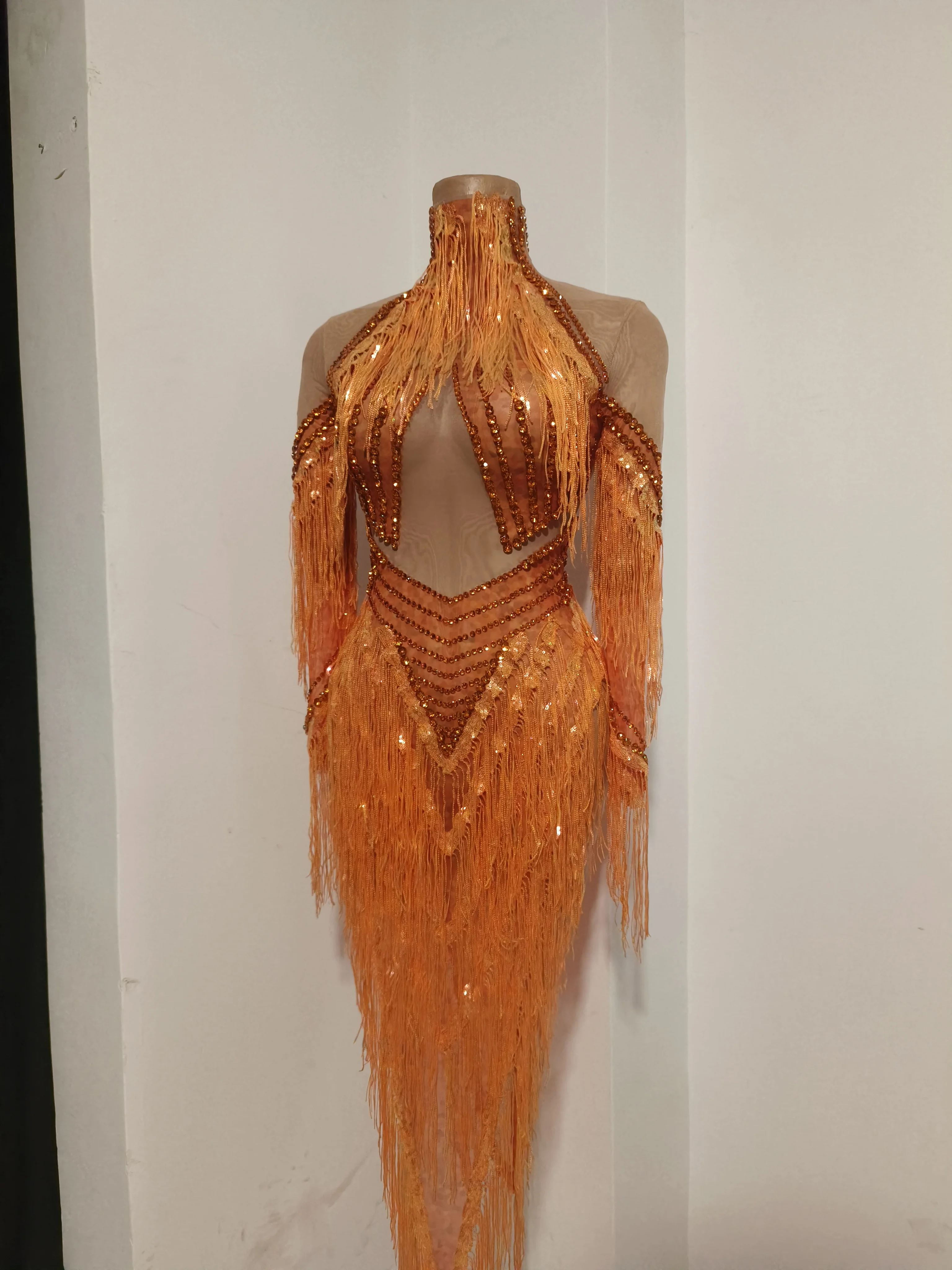 Sparkly Diamond Orange Tassel Long Sleeves Mesh Transparent Dress Women Latin Dance Outfits Bar Nightclub Party Club Stage Wear