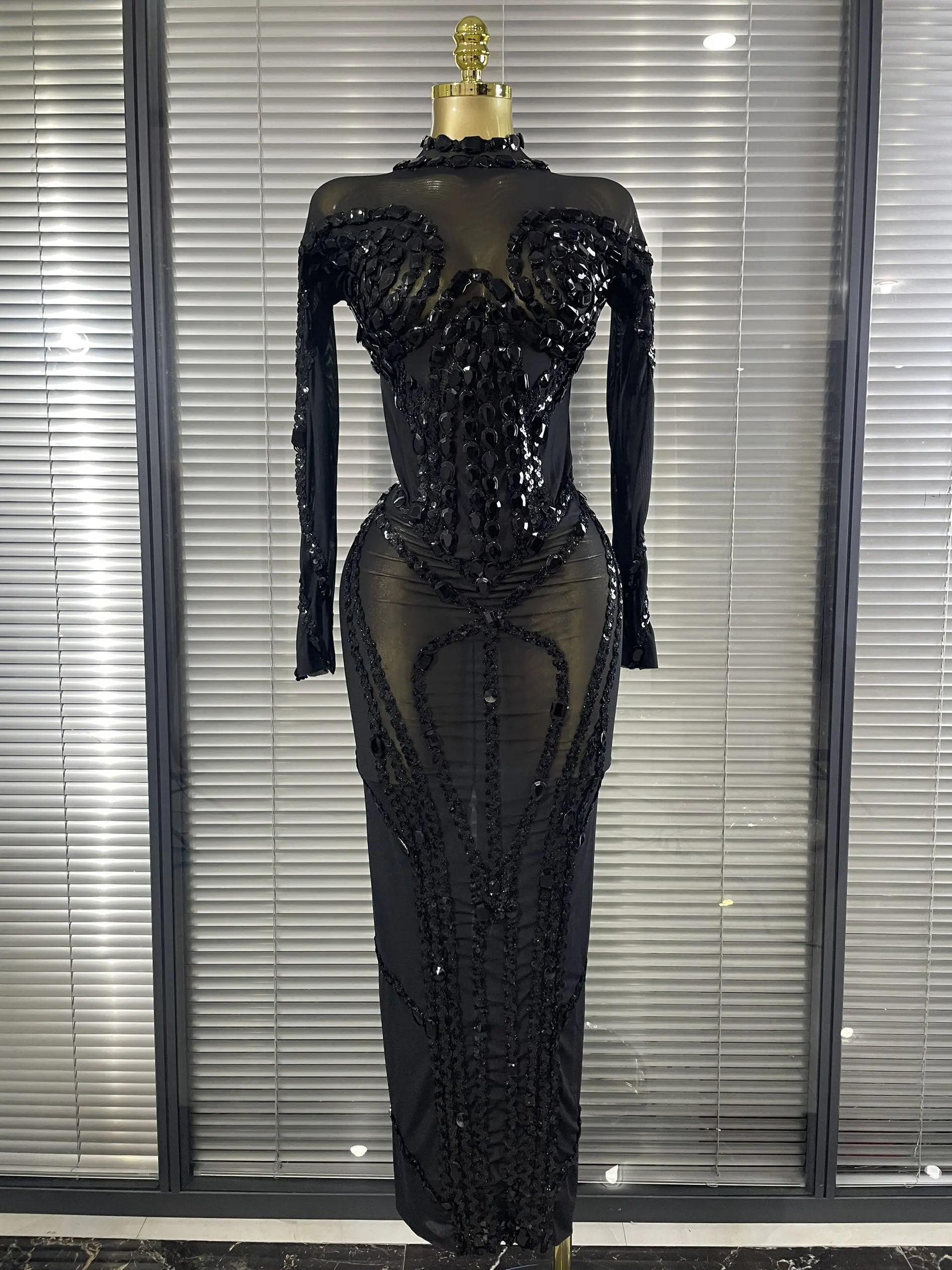 Sparkly Crystal Women Long Sleeve Sexy Mesh See Through Bodycon Long Dress Bar Singer Celebrate Performance Costumes Stage Wear