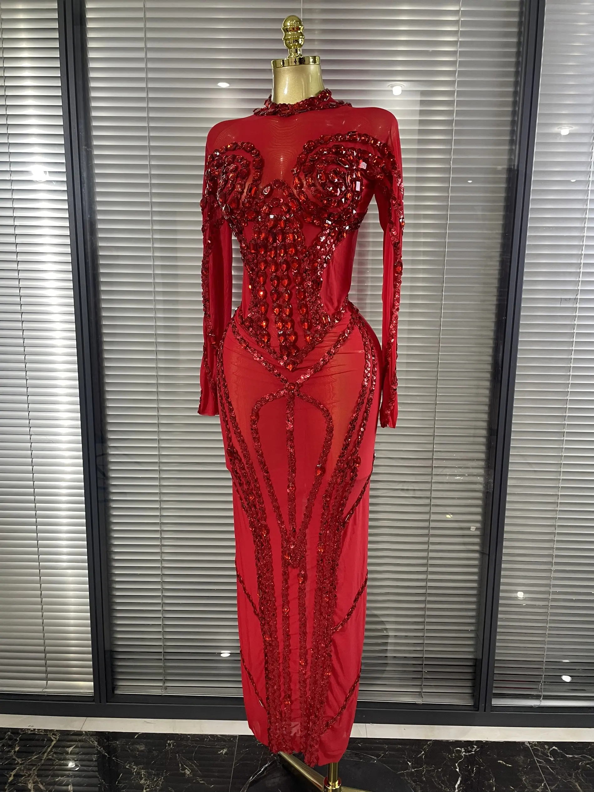 Sparkly Crystal Women Long Sleeve Sexy Mesh See Through Bodycon Long Dress Bar Singer Celebrate Performance Costumes Stage Wear