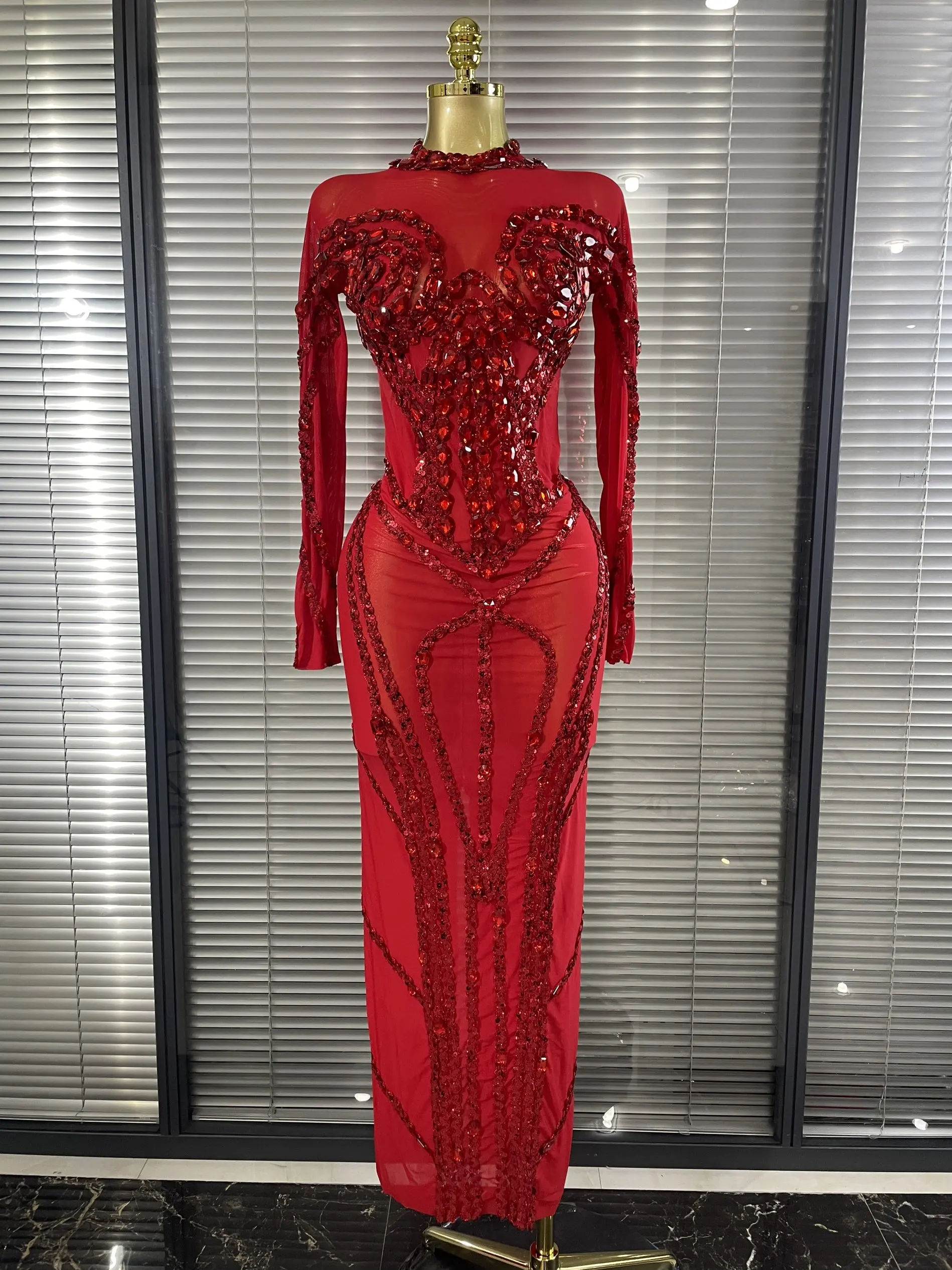 Sparkly Crystal Women Long Sleeve Sexy Mesh See Through Bodycon Long Dress Bar Singer Celebrate Performance Costumes Stage Wear