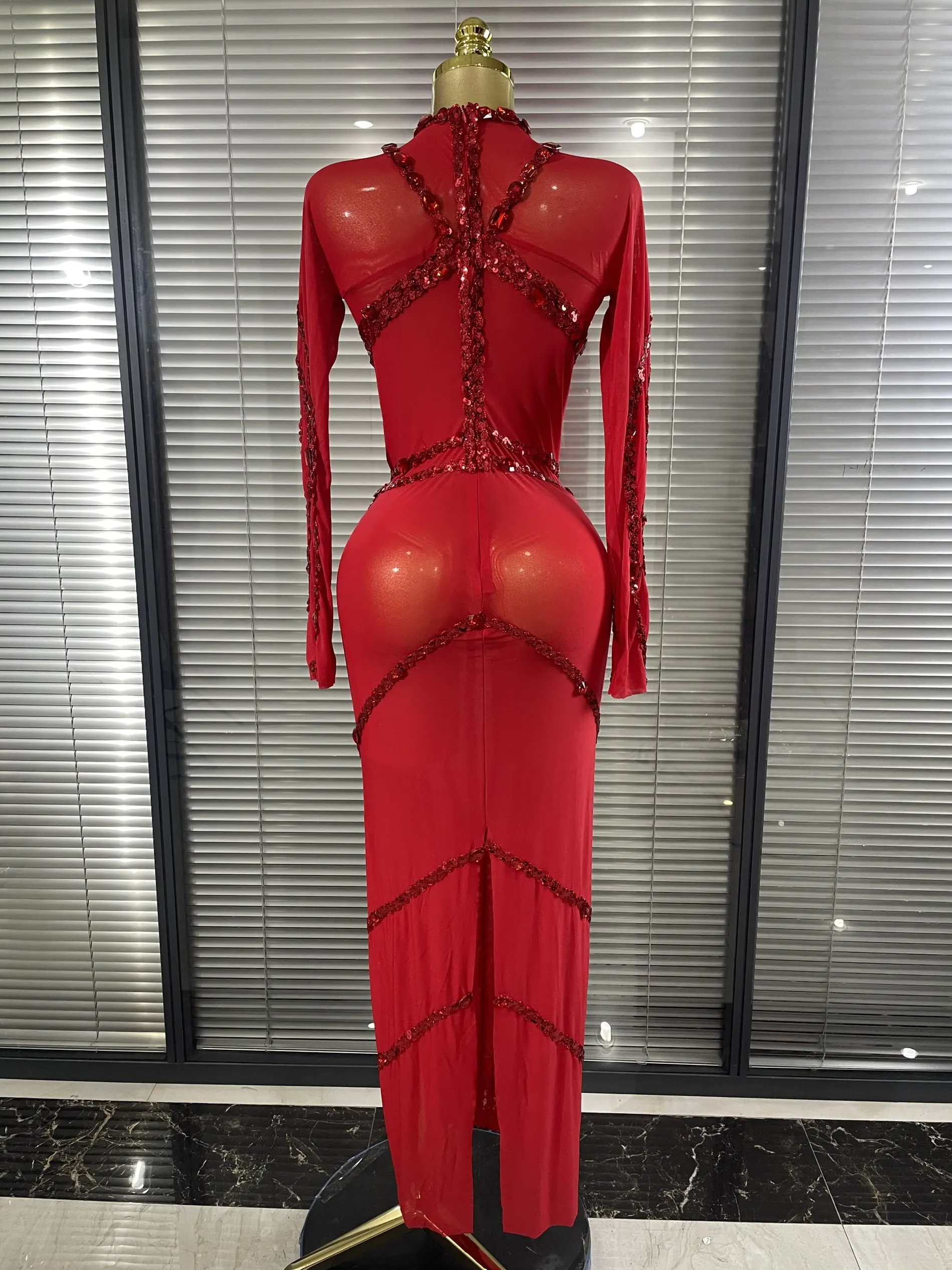 Sparkly Crystal Women Long Sleeve Sexy Mesh See Through Bodycon Long Dress Bar Singer Celebrate Performance Costumes Stage Wear