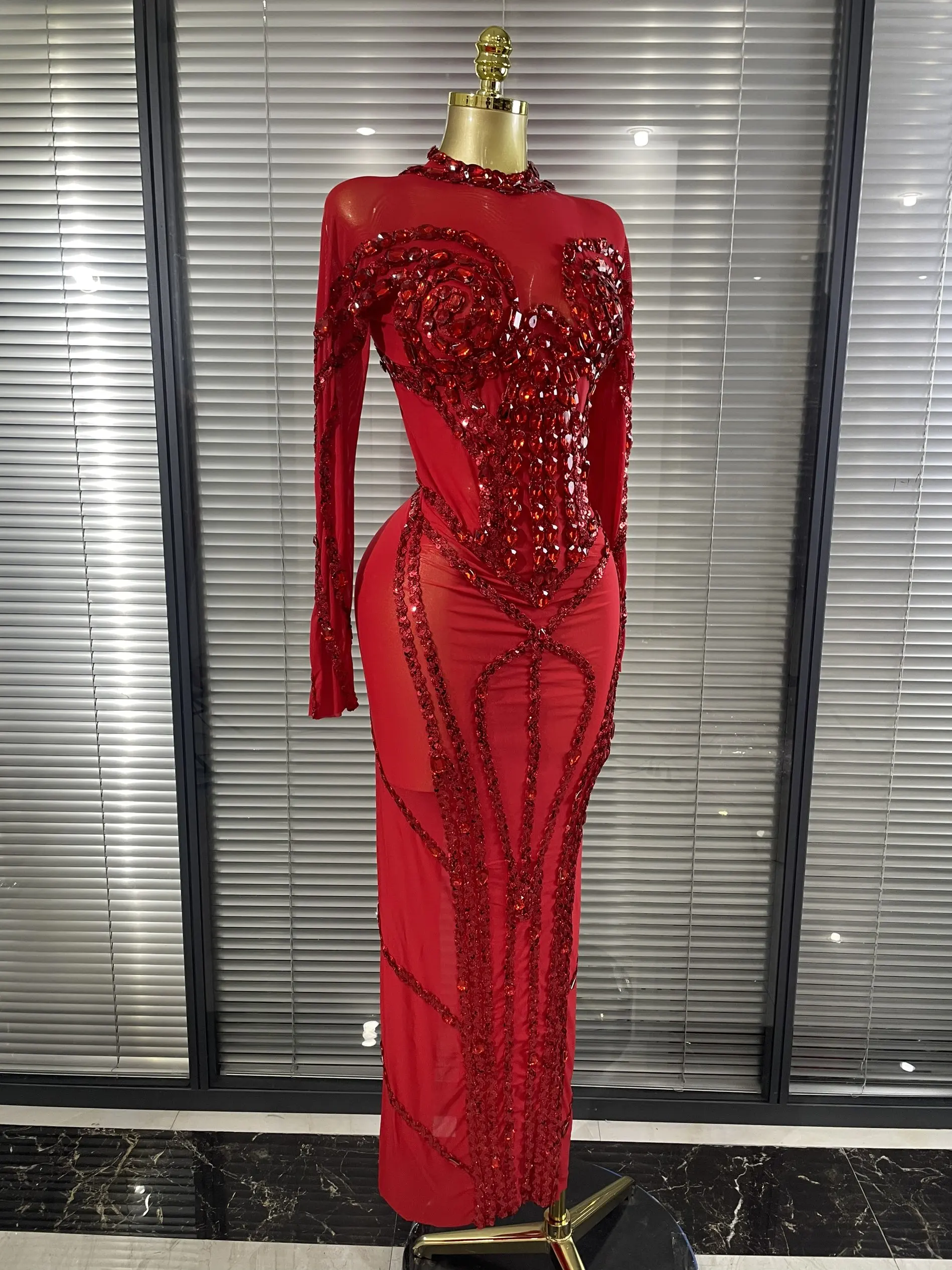 Sparkly Crystal Women Long Sleeve Sexy Mesh See Through Bodycon Long Dress Bar Singer Celebrate Performance Costumes Stage Wear