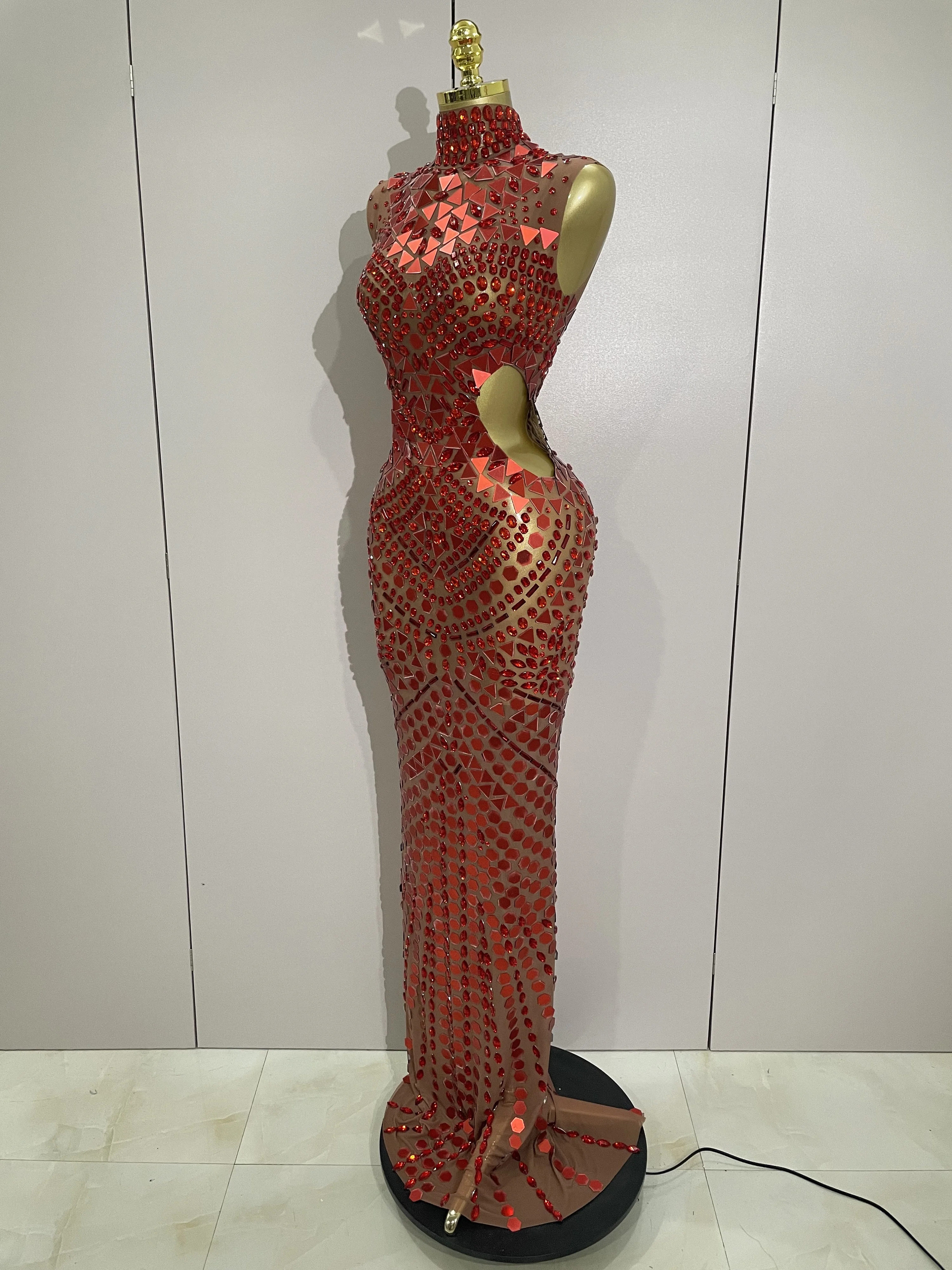Luxury Shiny Mirror Rhinestones Hollowed-out Long Dress 2026Women Celebrity Evening Party Catwalk Prom Stage Photo Shoot Dresses