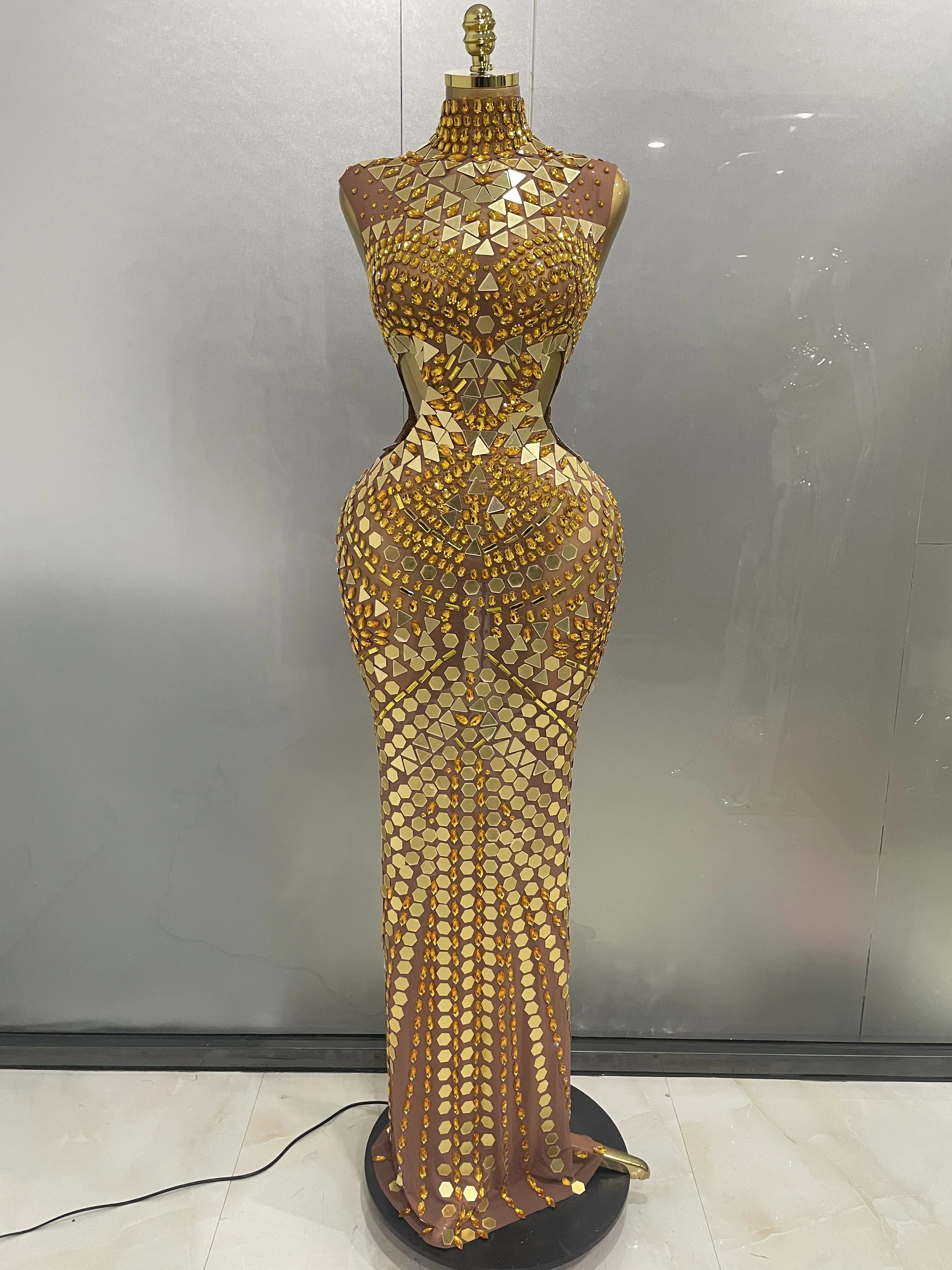 Luxury Shiny Mirror Rhinestones Hollowed-out Long Dress 2026Women Celebrity Evening Party Catwalk Prom Stage Photo Shoot Dresses