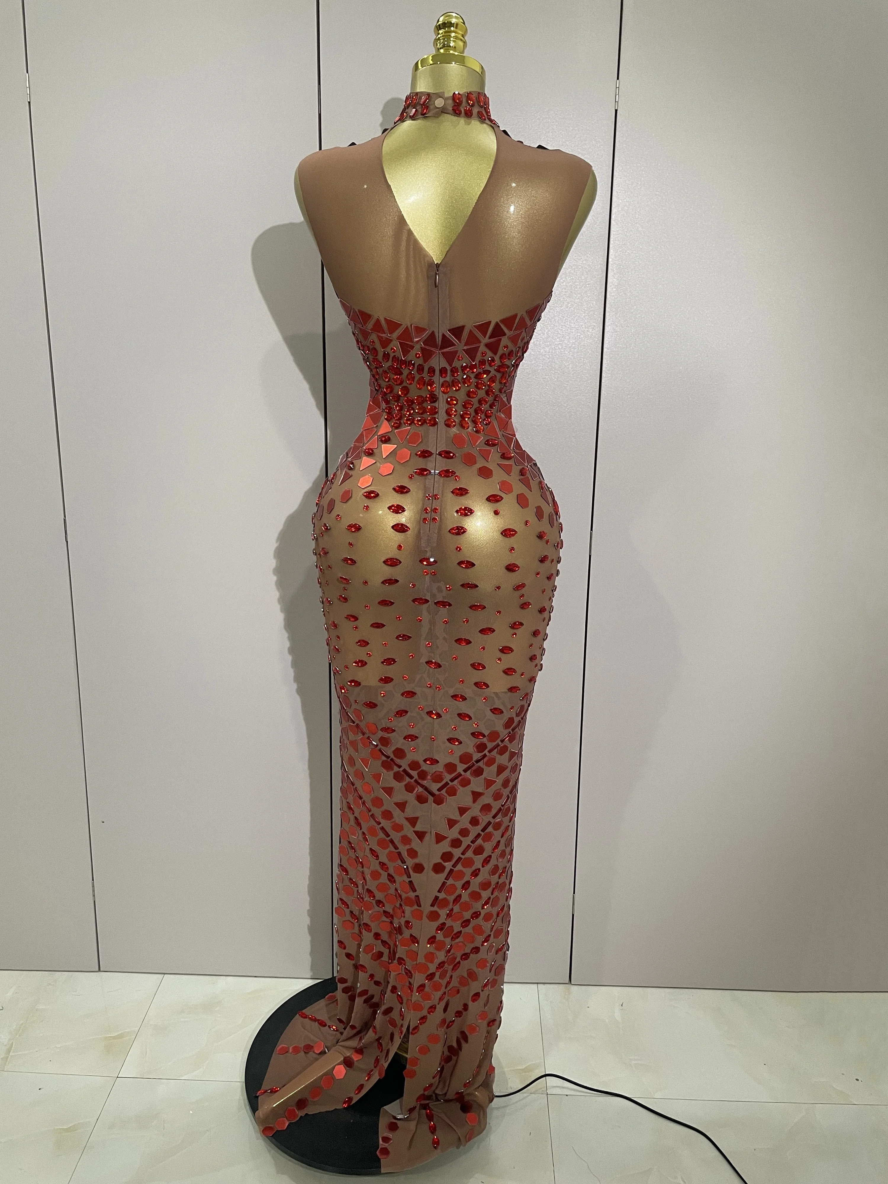 Luxury Shiny Mirror Rhinestones Hollowed-out Long Dress 2026Women Celebrity Evening Party Catwalk Prom Stage Photo Shoot Dresses