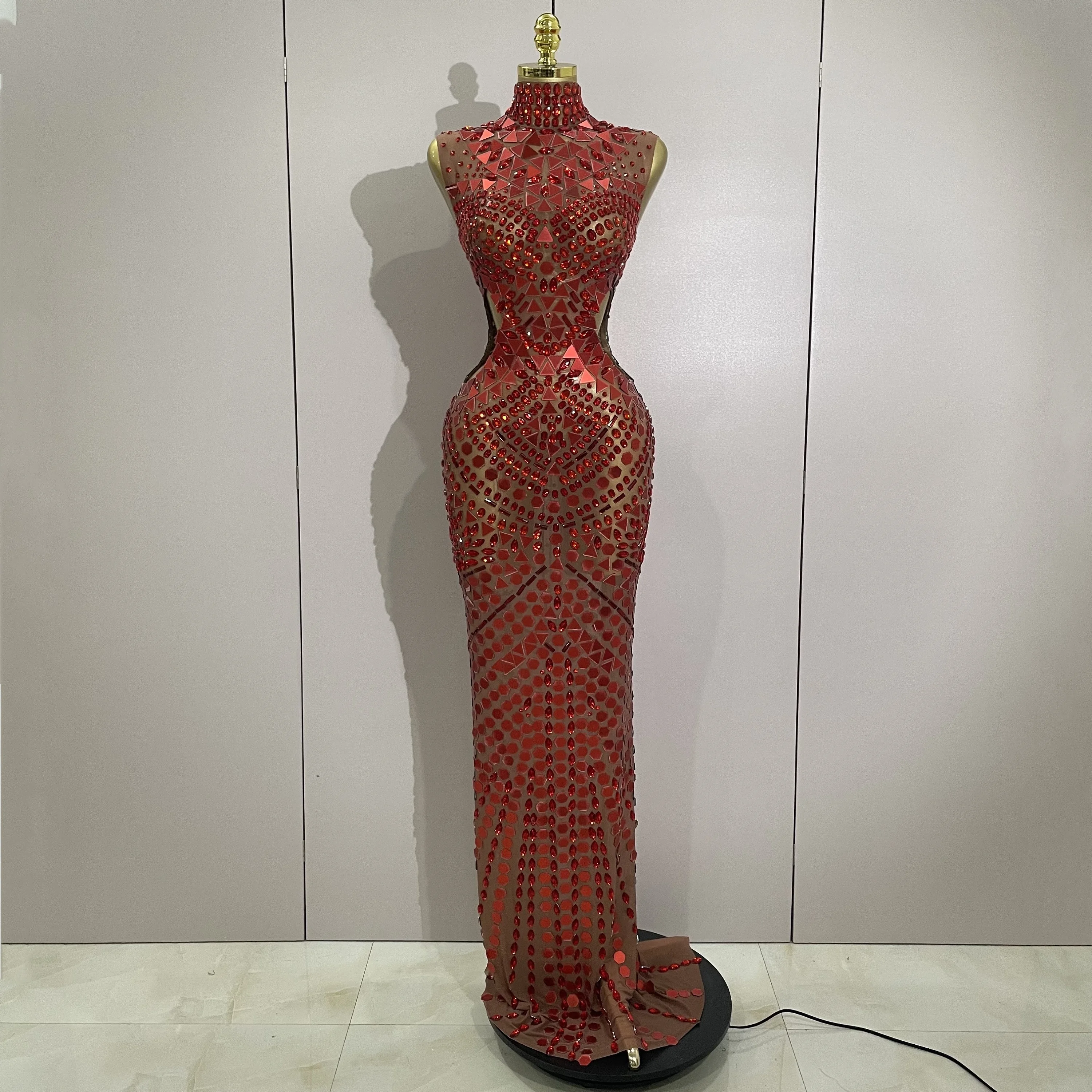 Luxury Shiny Mirror Rhinestones Hollowed-out Long Dress 2026Women Celebrity Evening Party Catwalk Prom Stage Photo Shoot Dresses