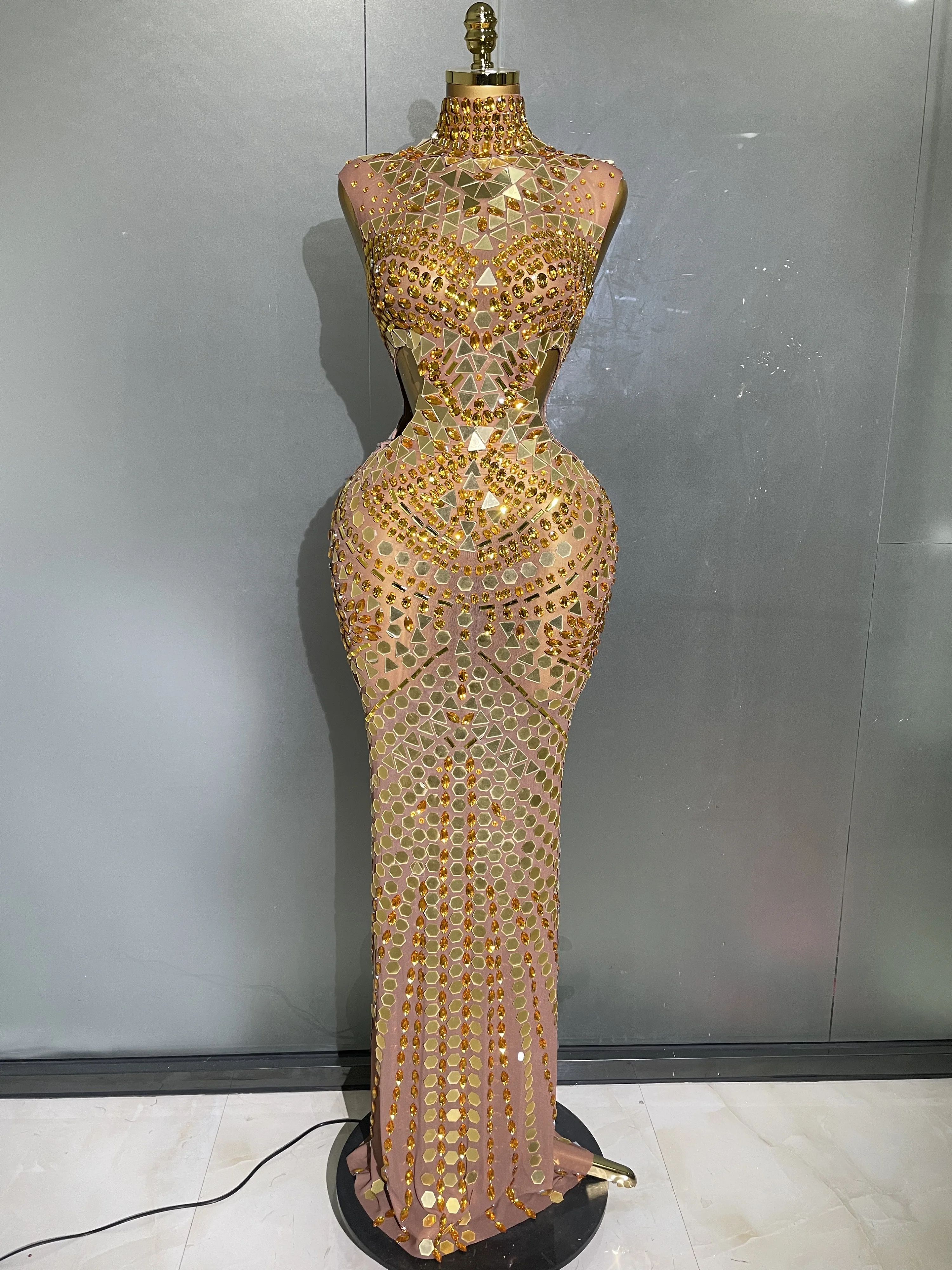 Luxury Shiny Mirror Rhinestones Hollowed-out Long Dress 2026Women Celebrity Evening Party Catwalk Prom Stage Photo Shoot Dresses