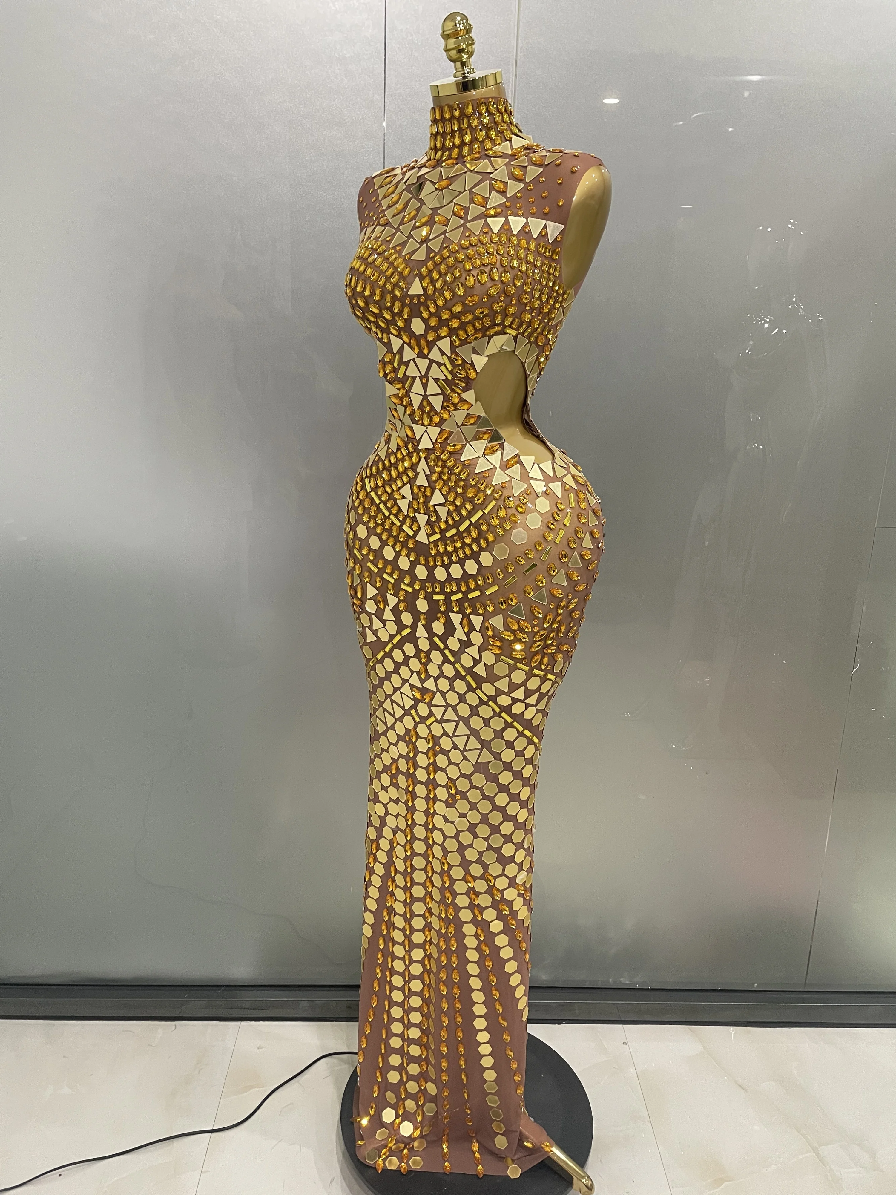 Luxury Shiny Mirror Rhinestones Hollowed-out Long Dress 2026Women Celebrity Evening Party Catwalk Prom Stage Photo Shoot Dresses