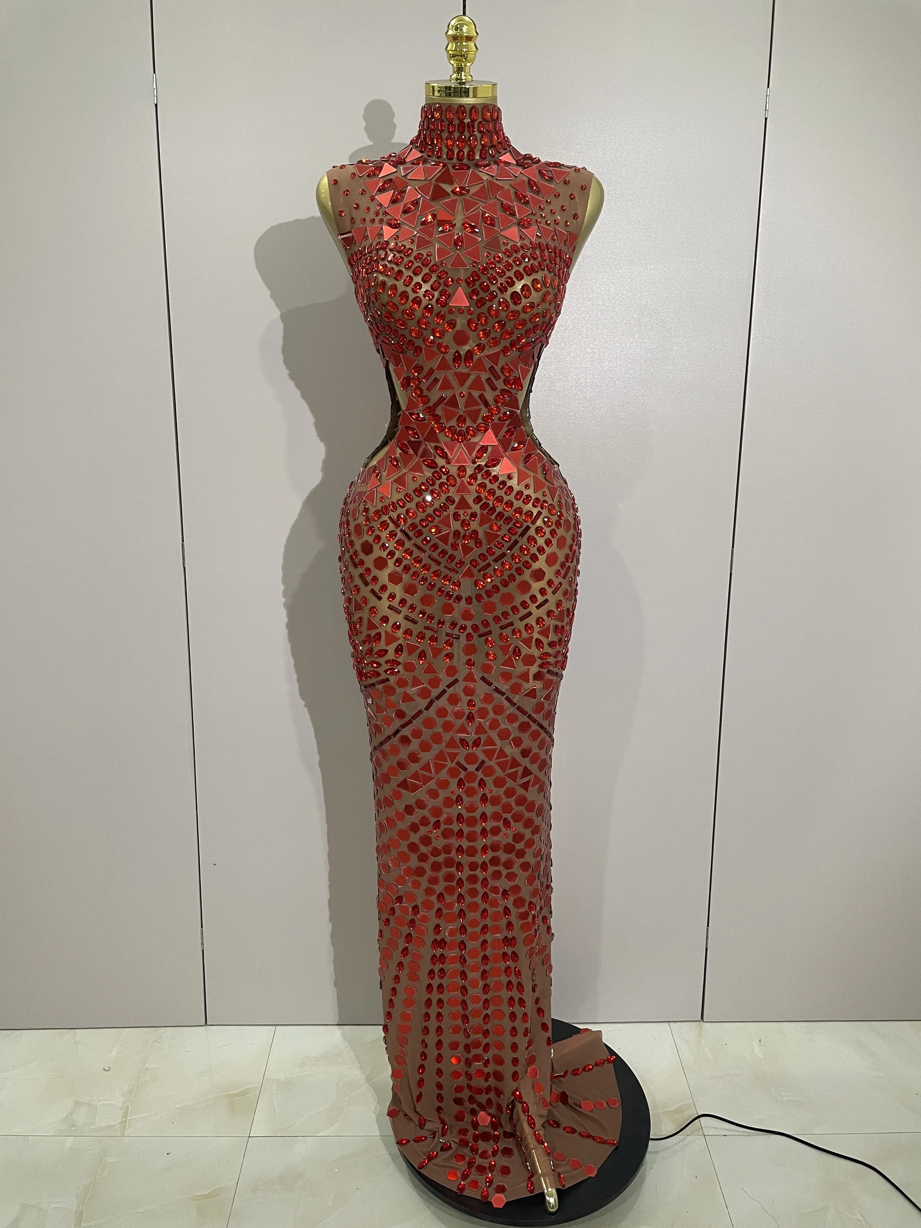 Luxury Shiny Mirror Rhinestones Hollowed-out Long Dress 2026Women Celebrity Evening Party Catwalk Prom Stage Photo Shoot Dresses