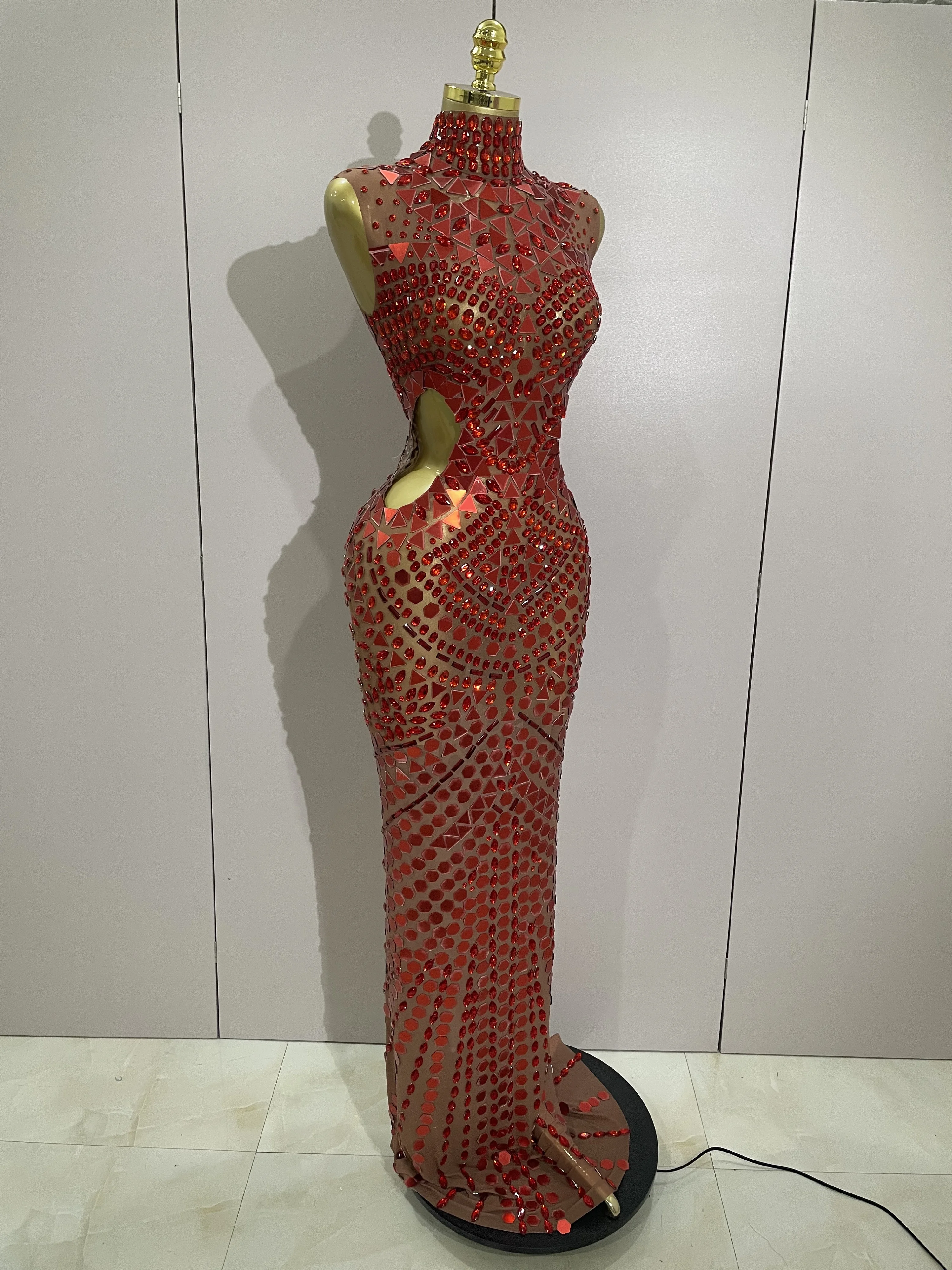 Luxury Shiny Mirror Rhinestones Hollowed-out Long Dress 2026Women Celebrity Evening Party Catwalk Prom Stage Photo Shoot Dresses