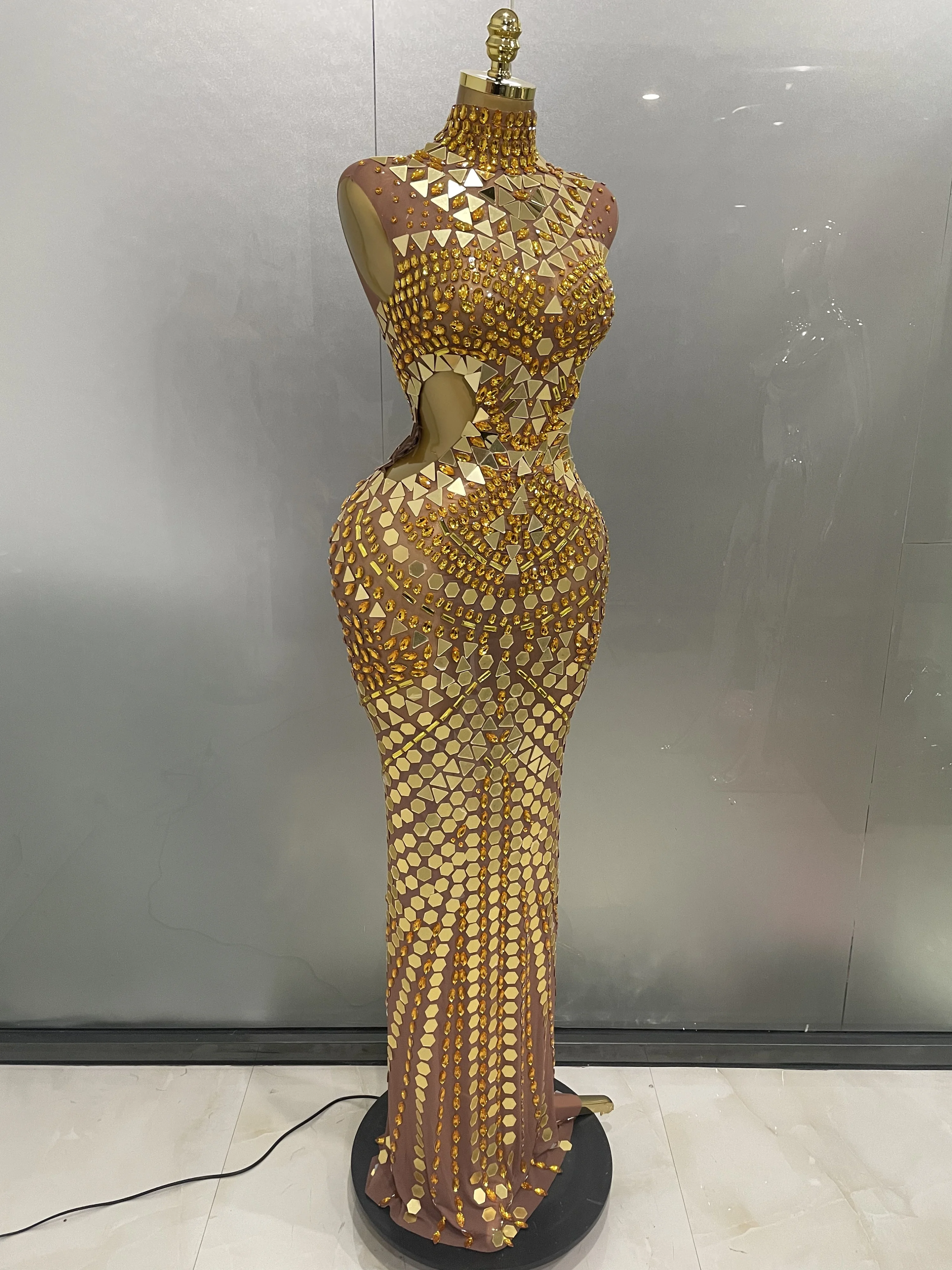Luxury Shiny Mirror Rhinestones Hollowed-out Long Dress 2026Women Celebrity Evening Party Catwalk Prom Stage Photo Shoot Dresses
