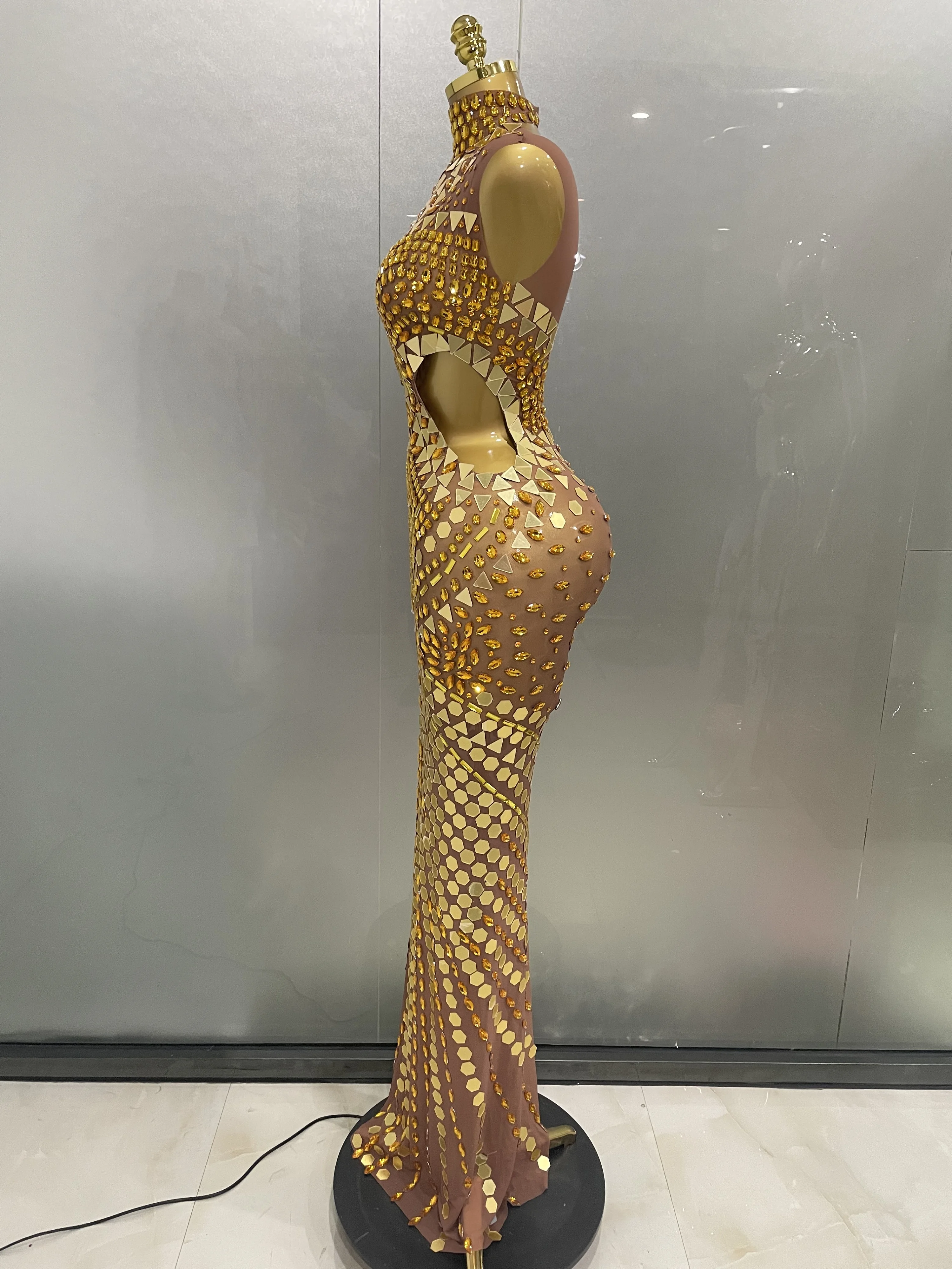 Luxury Shiny Mirror Rhinestones Hollowed-out Long Dress 2026Women Celebrity Evening Party Catwalk Prom Stage Photo Shoot Dresses