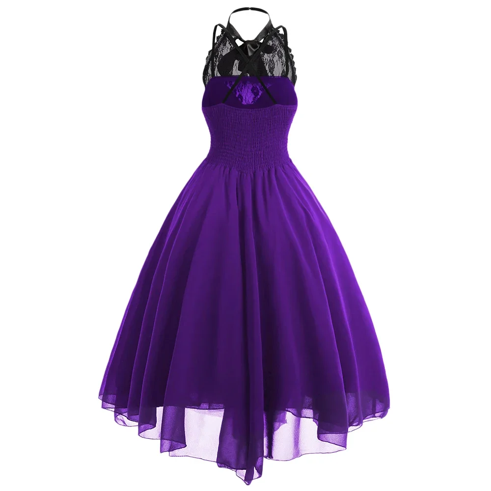 Victorian Gothic Punk Vintage Halter Dresses 2026 Women Black Sleeveless Cross Back Retro Lace Panel Corset Swing Party Dress