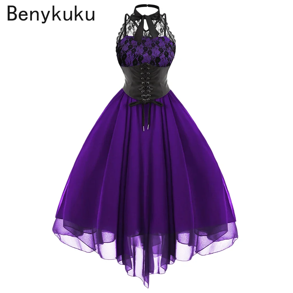 Victorian Gothic Punk Vintage Halter Dresses 2026 Women Black Sleeveless Cross Back Retro Lace Panel Corset Swing Party Dress