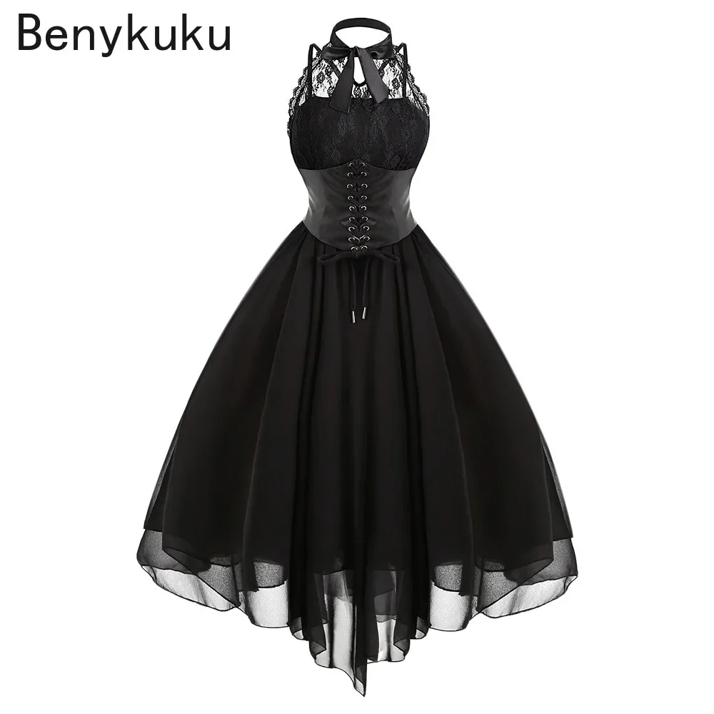 Victorian Gothic Punk Vintage Halter Dresses 2026 Women Black Sleeveless Cross Back Retro Lace Panel Corset Swing Party Dress