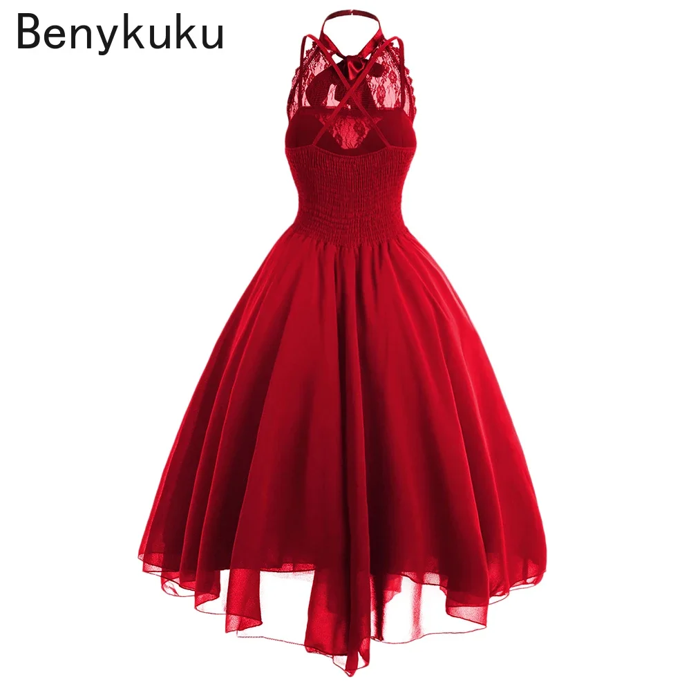 Victorian Gothic Punk Vintage Halter Dresses 2026 Women Black Sleeveless Cross Back Retro Lace Panel Corset Swing Party Dress