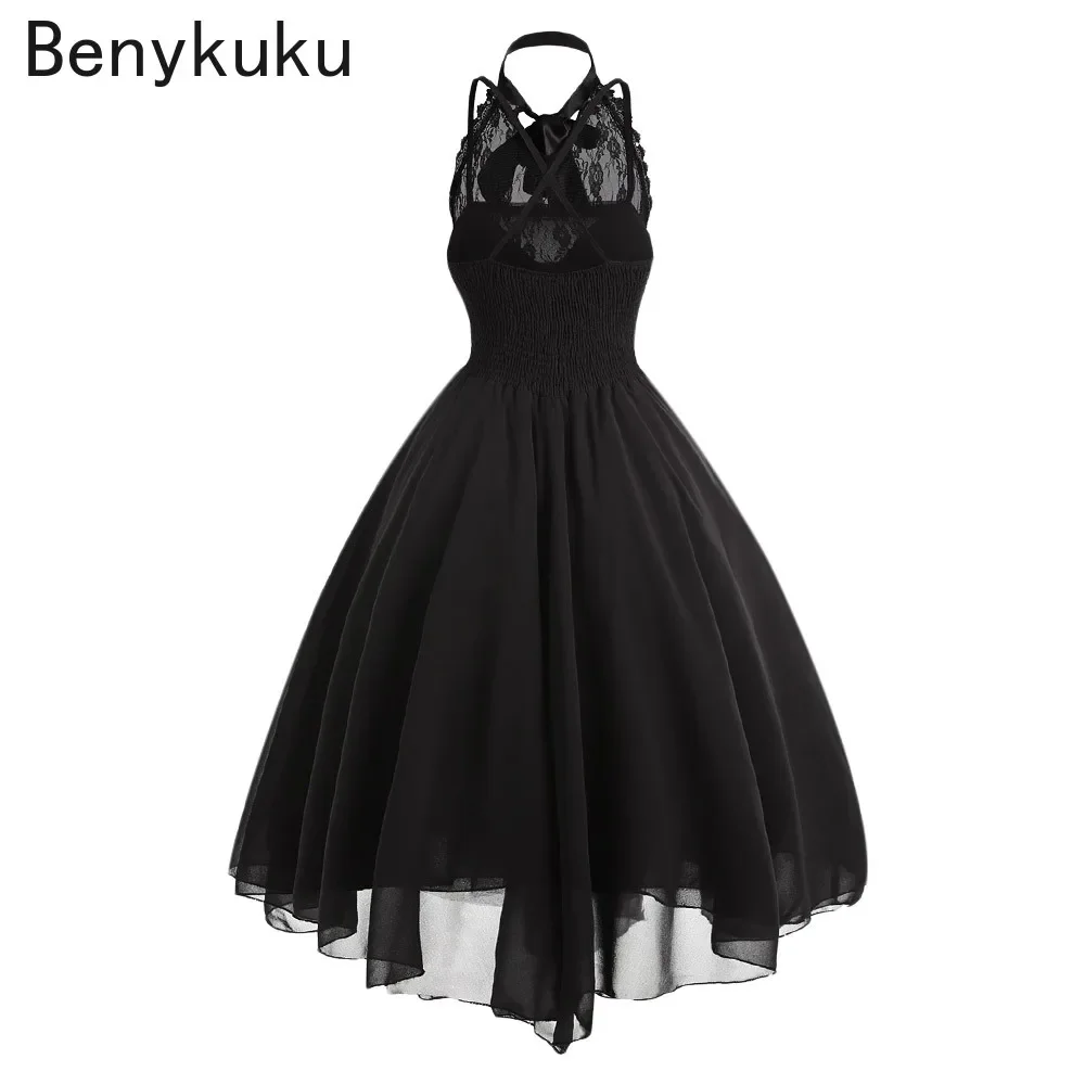 Victorian Gothic Punk Vintage Halter Dresses 2026 Women Black Sleeveless Cross Back Retro Lace Panel Corset Swing Party Dress