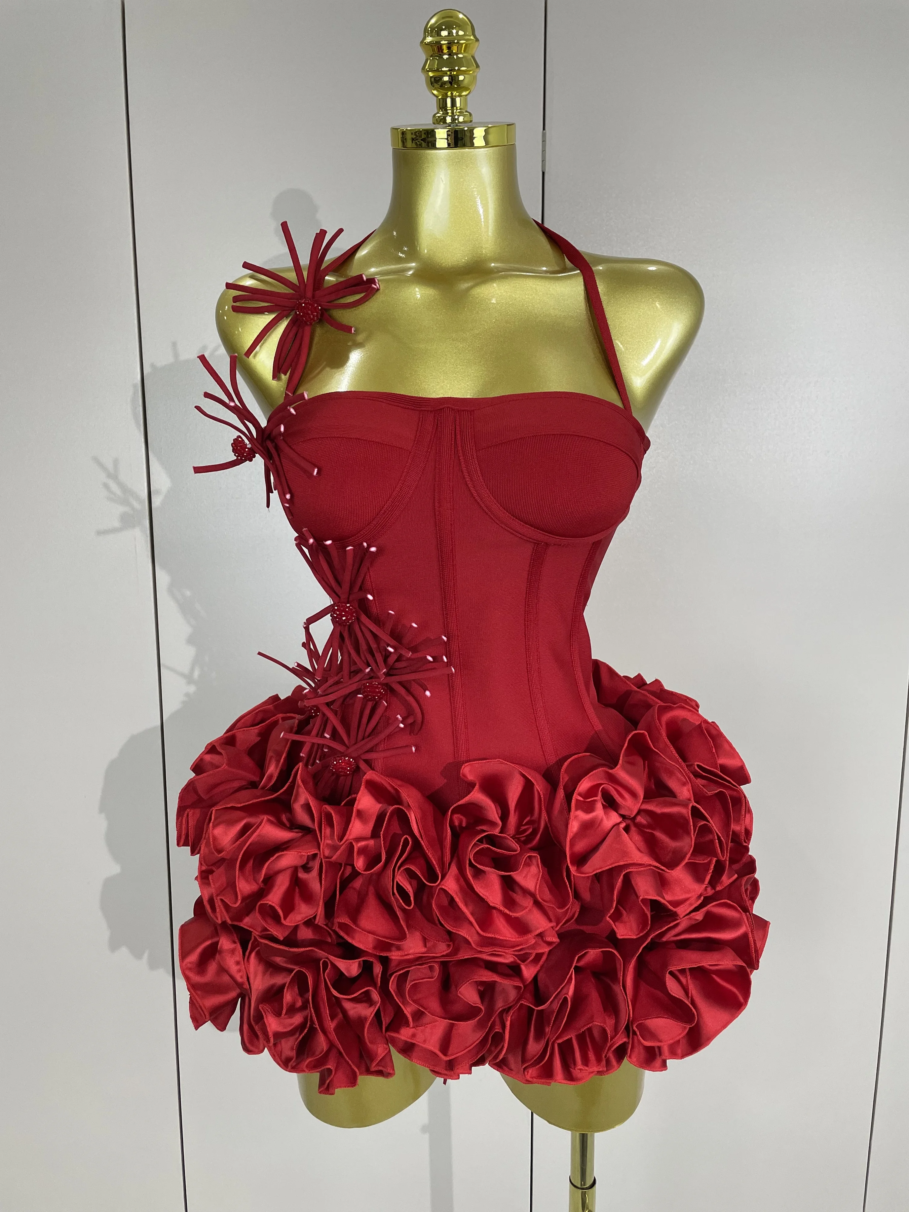 Sexy Halter Prom Gown Celebrity Club Two Piece Set Cocktail Elegant Women Fashion Luxury Birthday Party Red Black Bandage Outfit