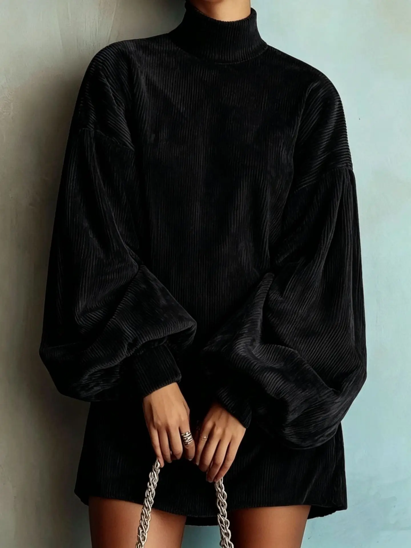 High Neck Corduroy Short Dress For Women Oversized Lantern Balloon Long Sleeve Loose Hem Casual Daily Mini Dresses