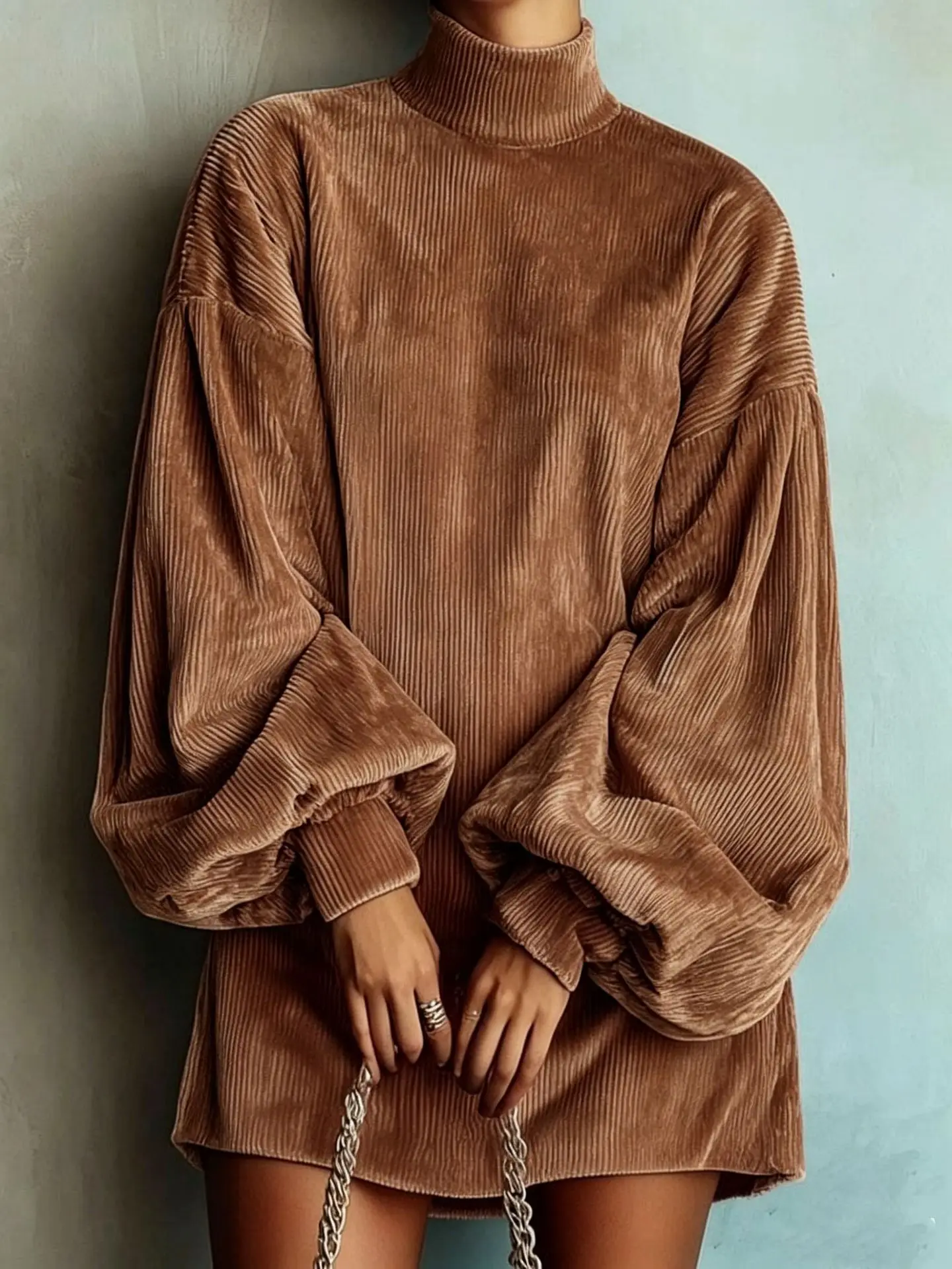 High Neck Corduroy Short Dress For Women Oversized Lantern Balloon Long Sleeve Loose Hem Casual Daily Mini Dresses