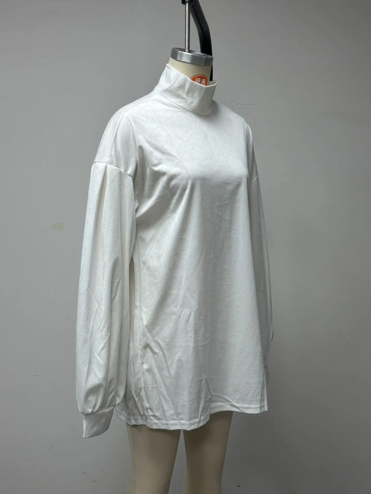 High Neck Corduroy Short Dress For Women Oversized Lantern Balloon Long Sleeve Loose Hem Casual Daily Mini Dresses