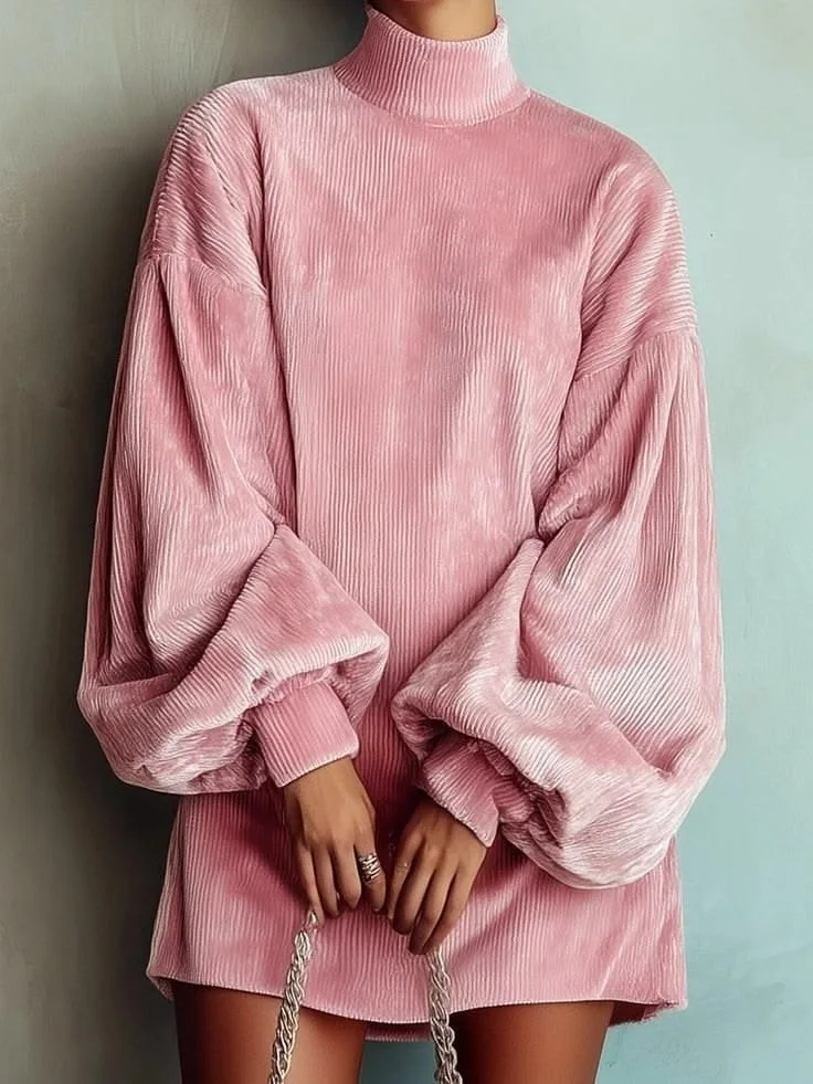 High Neck Corduroy Short Dress For Women Oversized Lantern Balloon Long Sleeve Loose Hem Casual Daily Mini Dresses