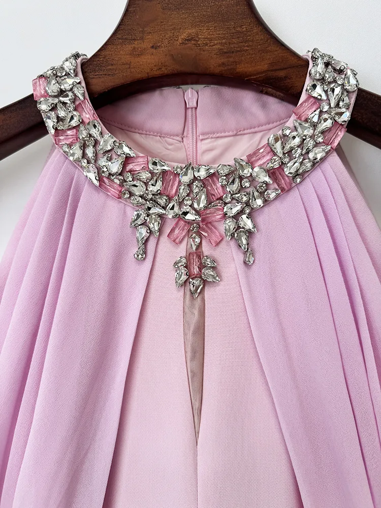 TOP QUALITY Newest Fashion 2026 Designer Women's Stand Collar Beaded Diamonds Chiffon Off Shoulder Long Sleeves Party Long Dress
