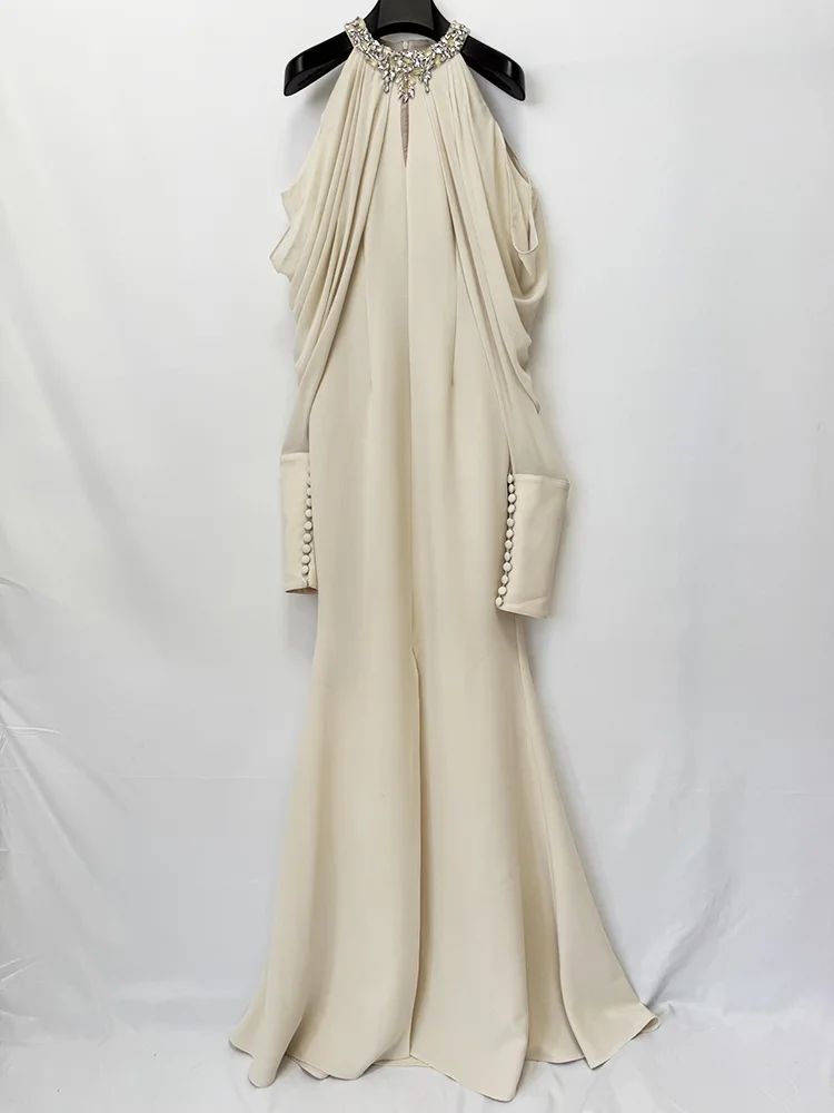 TOP QUALITY Newest Fashion 2026 Designer Women's Stand Collar Beaded Diamonds Chiffon Off Shoulder Long Sleeves Party Long Dress