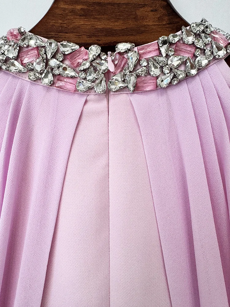 TOP QUALITY Newest Fashion 2026 Designer Women's Stand Collar Beaded Diamonds Chiffon Off Shoulder Long Sleeves Party Long Dress