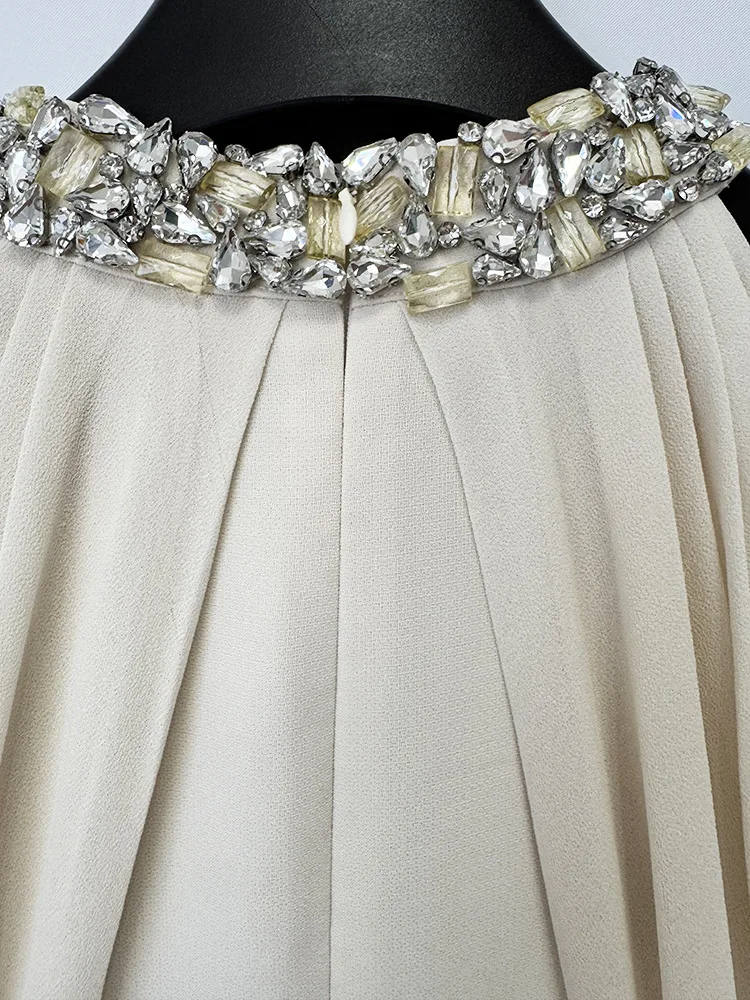 TOP QUALITY Newest Fashion 2026 Designer Women's Stand Collar Beaded Diamonds Chiffon Off Shoulder Long Sleeves Party Long Dress