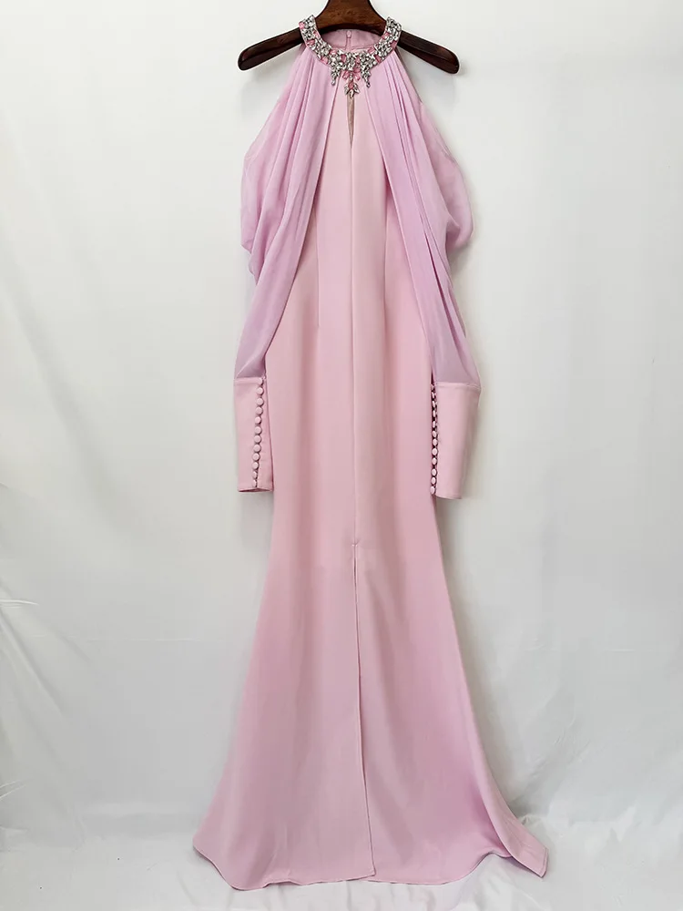 TOP QUALITY Newest Fashion 2026 Designer Women's Stand Collar Beaded Diamonds Chiffon Off Shoulder Long Sleeves Party Long Dress