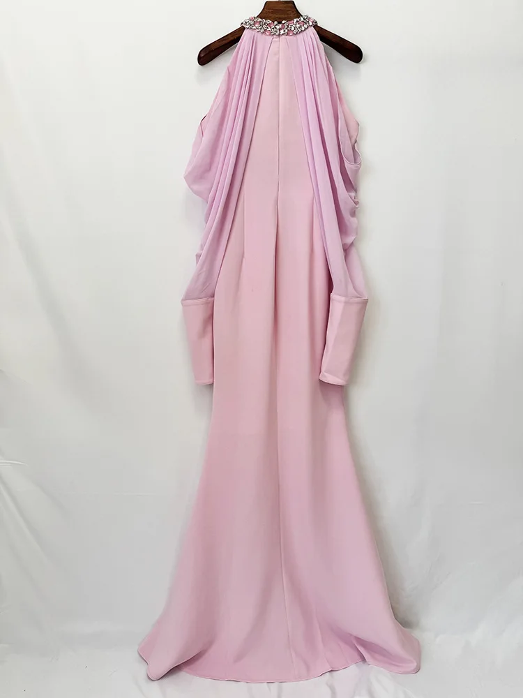 TOP QUALITY Newest Fashion 2026 Designer Women's Stand Collar Beaded Diamonds Chiffon Off Shoulder Long Sleeves Party Long Dress