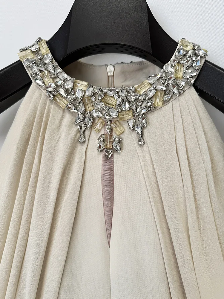 TOP QUALITY Newest Fashion 2026 Designer Women's Stand Collar Beaded Diamonds Chiffon Off Shoulder Long Sleeves Party Long Dress