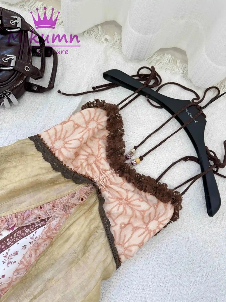 Mikumn Harajuku Summer Women Floral Print Halter Dress Japanese Y2k Vintage Lace Patchwork Sleeveless A Line Strap Mini Dresses