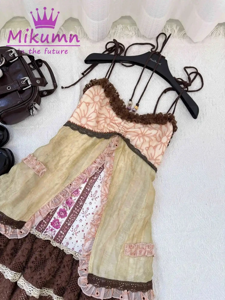 Mikumn Harajuku Summer Women Floral Print Halter Dress Japanese Y2k Vintage Lace Patchwork Sleeveless A Line Strap Mini Dresses