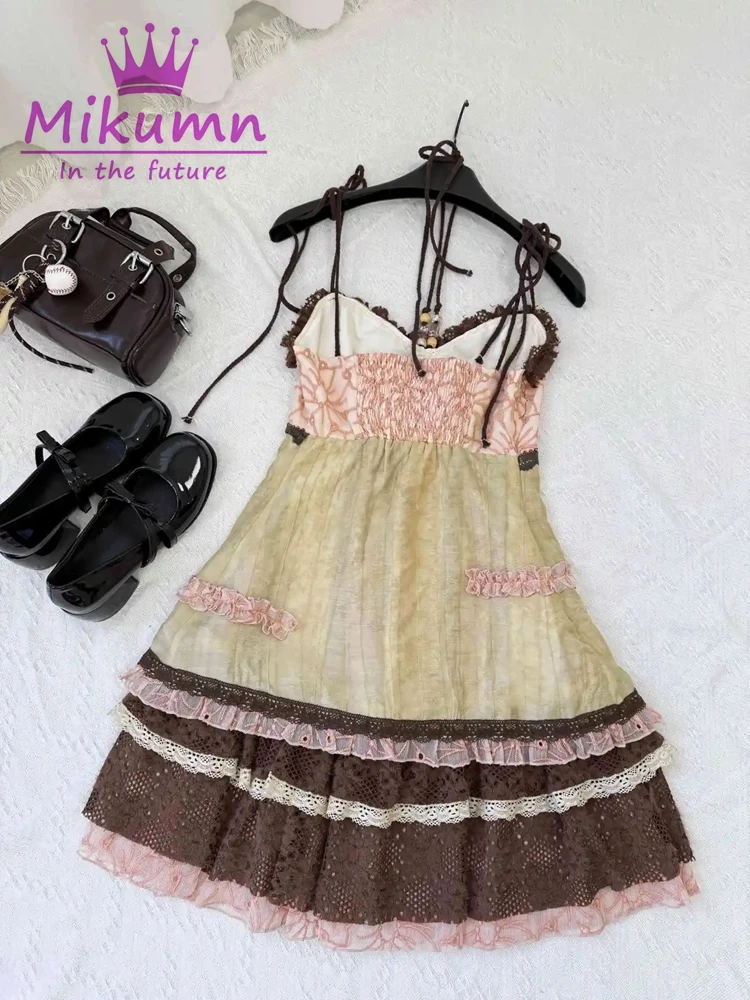 Mikumn Harajuku Summer Women Floral Print Halter Dress Japanese Y2k Vintage Lace Patchwork Sleeveless A Line Strap Mini Dresses