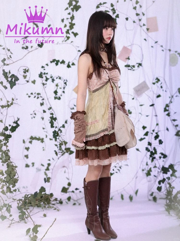 Mikumn Harajuku Summer Women Floral Print Halter Dress Japanese Y2k Vintage Lace Patchwork Sleeveless A Line Strap Mini Dresses